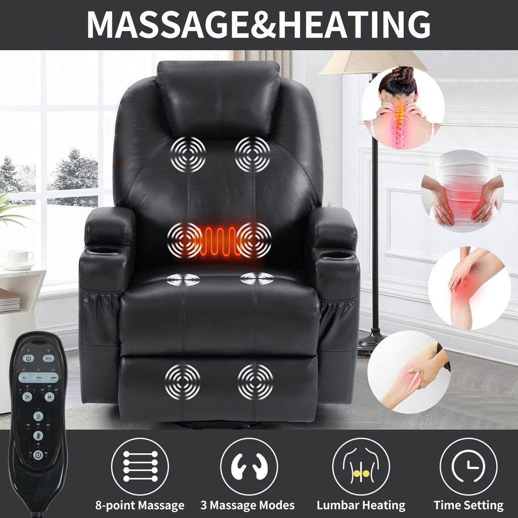 Fauteuil inclinable électrique noir avec massage par vibrations à 8 points, chauffage lombaire, deux ports USB, porte-gobelets et moteur Okin