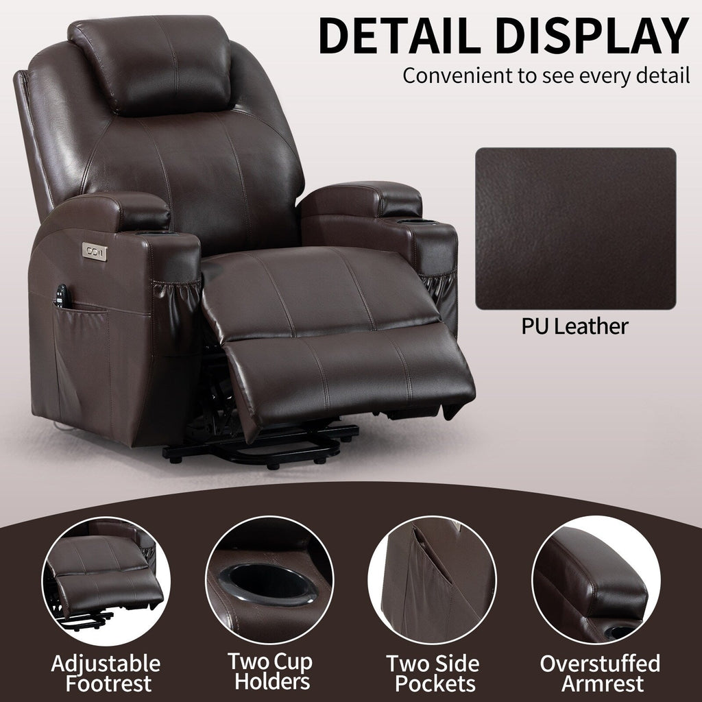 Fauteuil inclinable électrique noir avec massage par vibrations à 8 points, chauffage lombaire, deux ports USB, porte-gobelets et moteur Okin