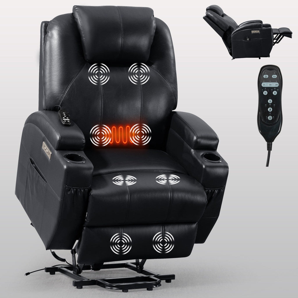 Fauteuil inclinable électrique noir avec moteur Okin, massage par vibrations à 8 points, chauffage lombaire, deux porte-gobelets et ports USB