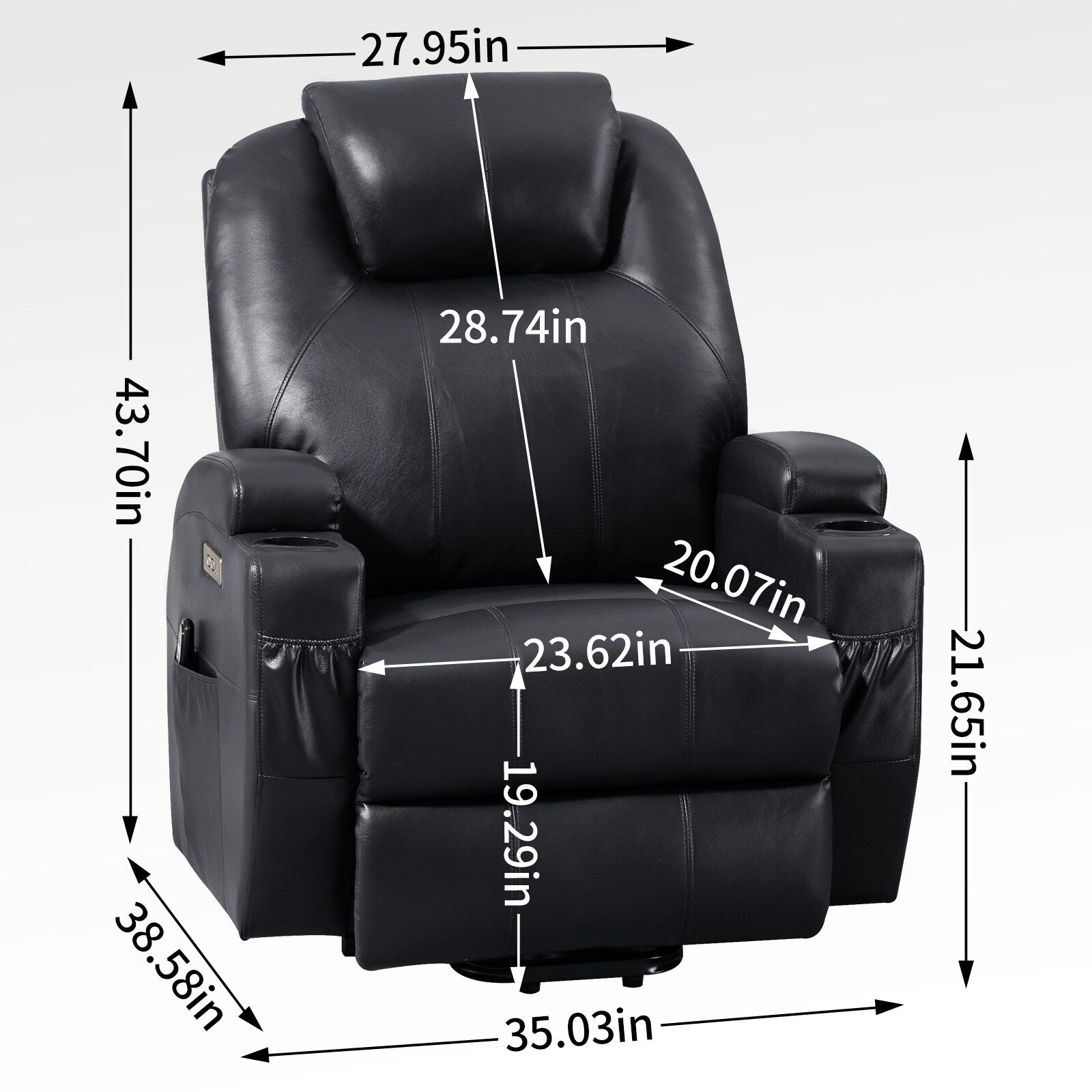Fauteuil inclinable électrique noir avec moteur Okin, massage par vibrations à 8 points, chauffage lombaire, deux porte-gobelets et ports USB
