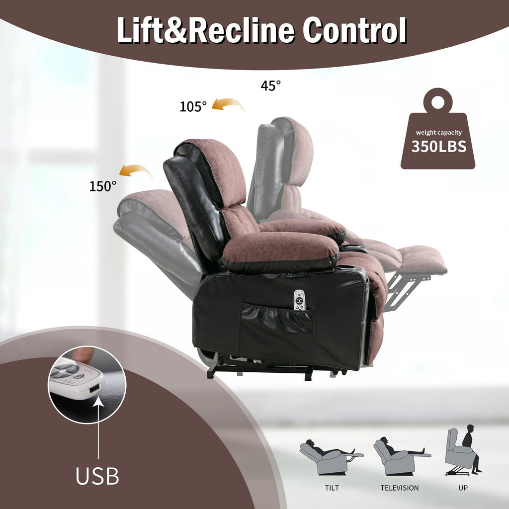 Fauteuil inclinable électrique noir pour personnes âgées avec massage chauffant, chargement USB, revêtement en similicuir et porte-gobelets