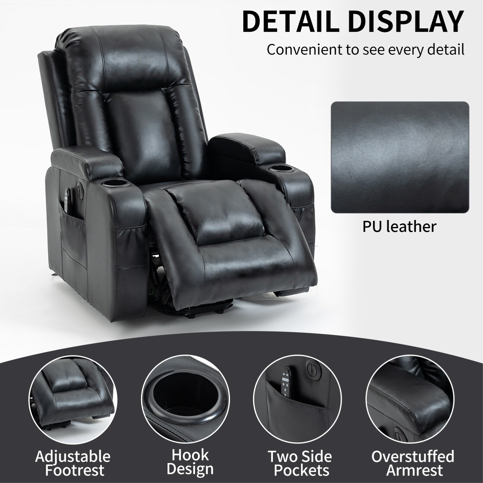 Fauteuil inclinable électrique noir avec massage à 8 points, lombaire chauffant, ports USB, porte-gobelets et mécanisme durable