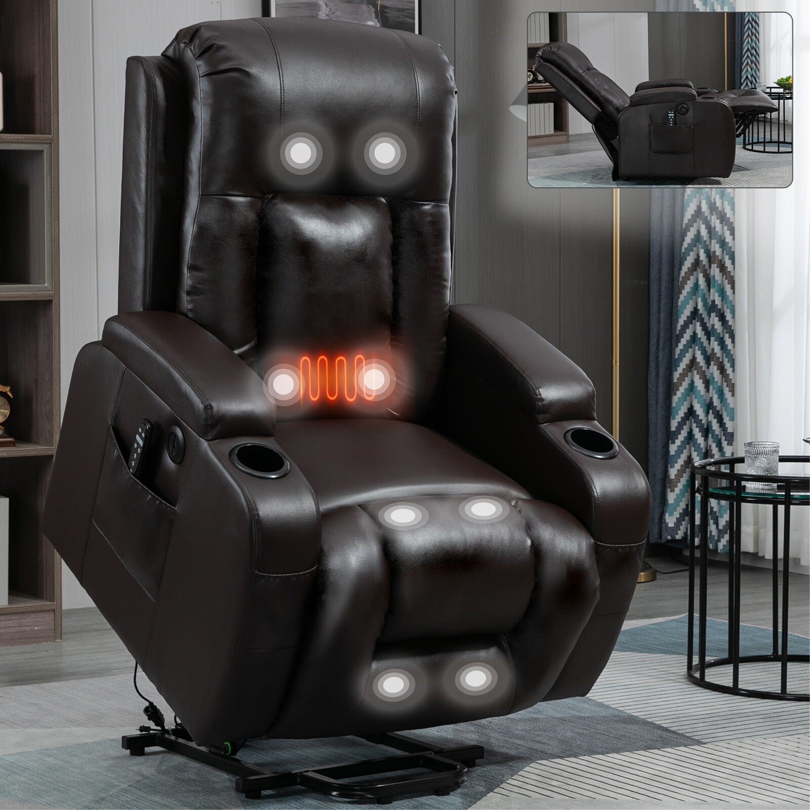 Fauteuil inclinable électrique noir avec massage à 8 points, lombaire chauffant, ports USB, porte-gobelets et mécanisme durable