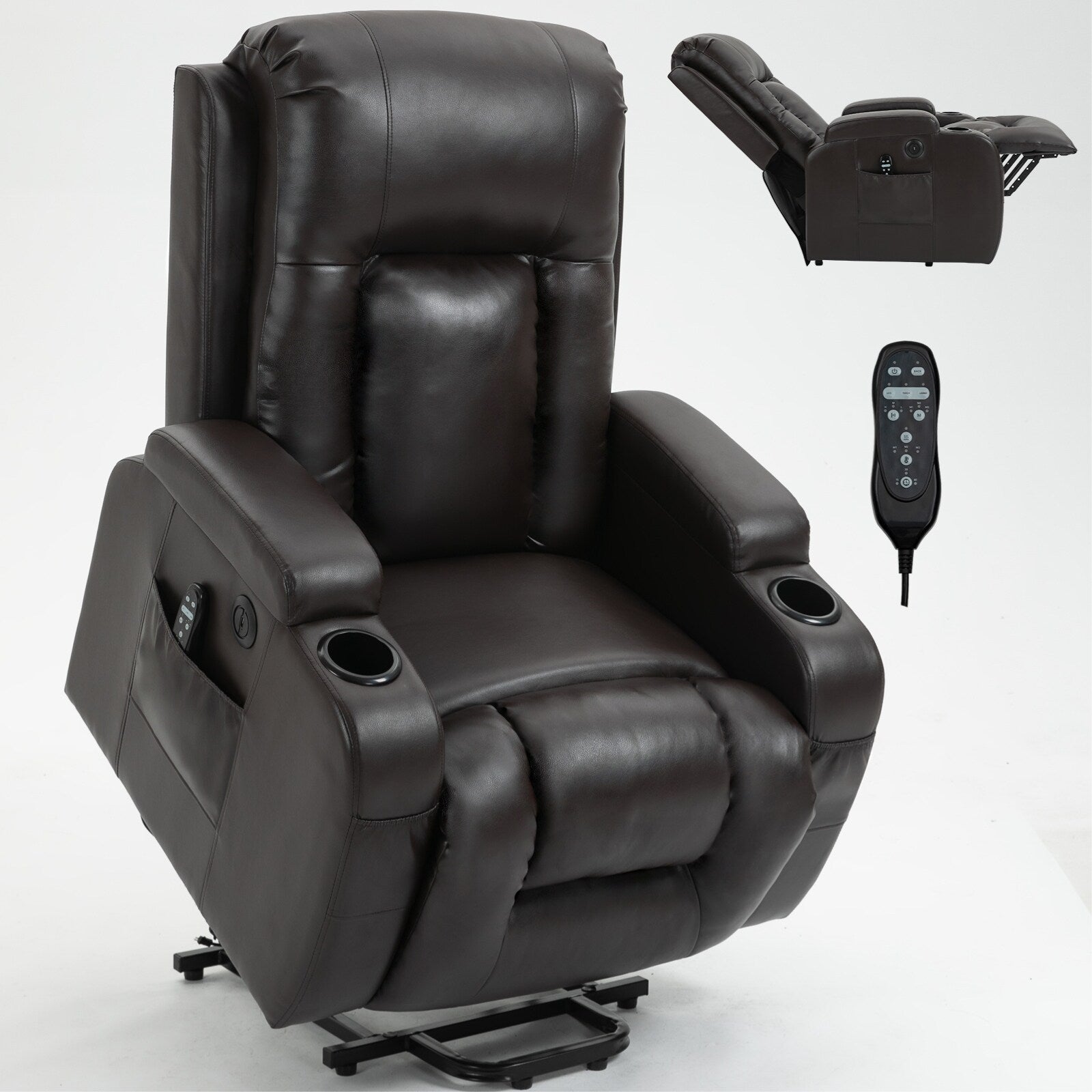 Fauteuil inclinable électrique noir avec massage à 8 points, lombaire chauffant, ports USB, porte-gobelets et mécanisme durable