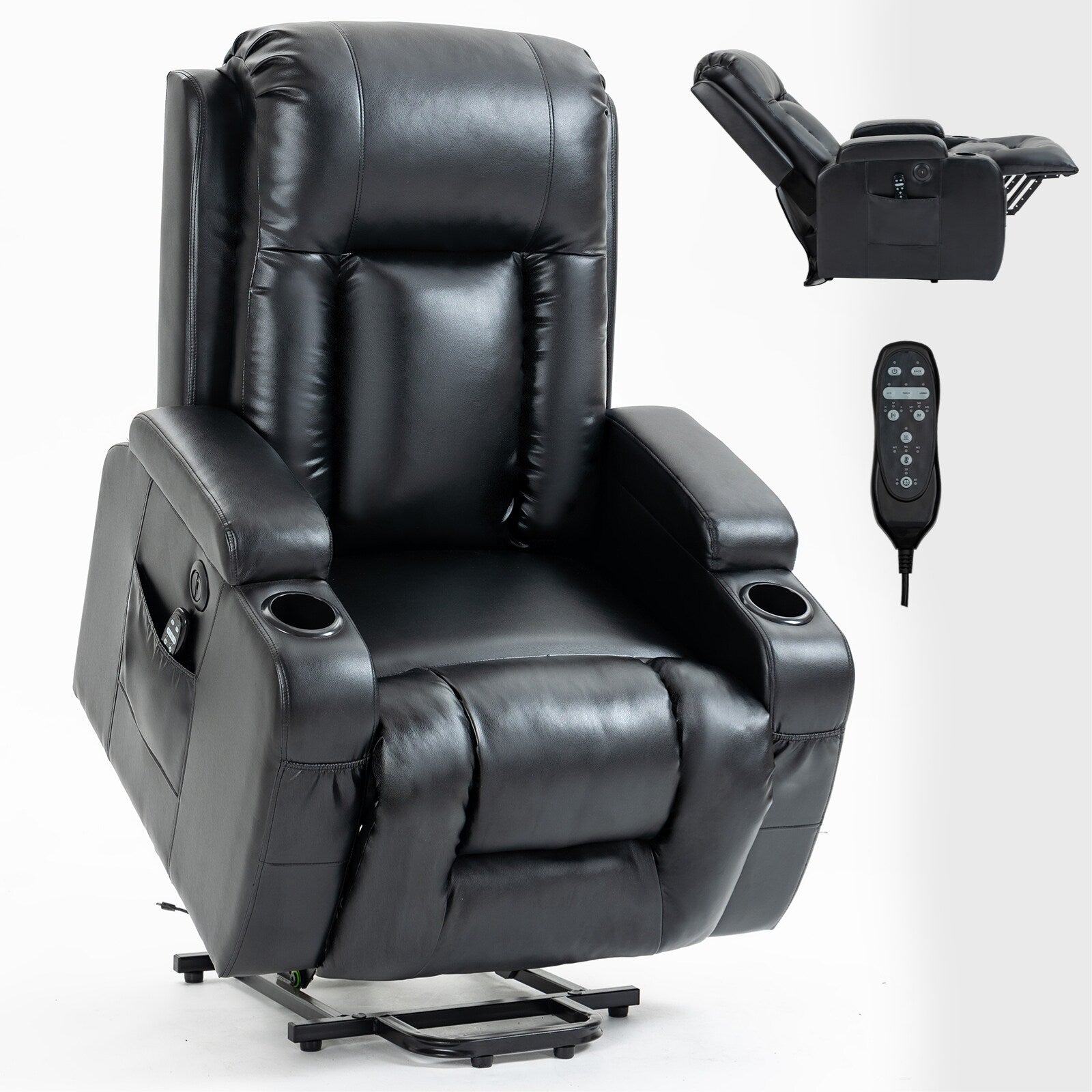 Fauteuil inclinable électrique noir avec massage à 8 points, lombaire chauffant, ports USB, porte-gobelets et mécanisme durable