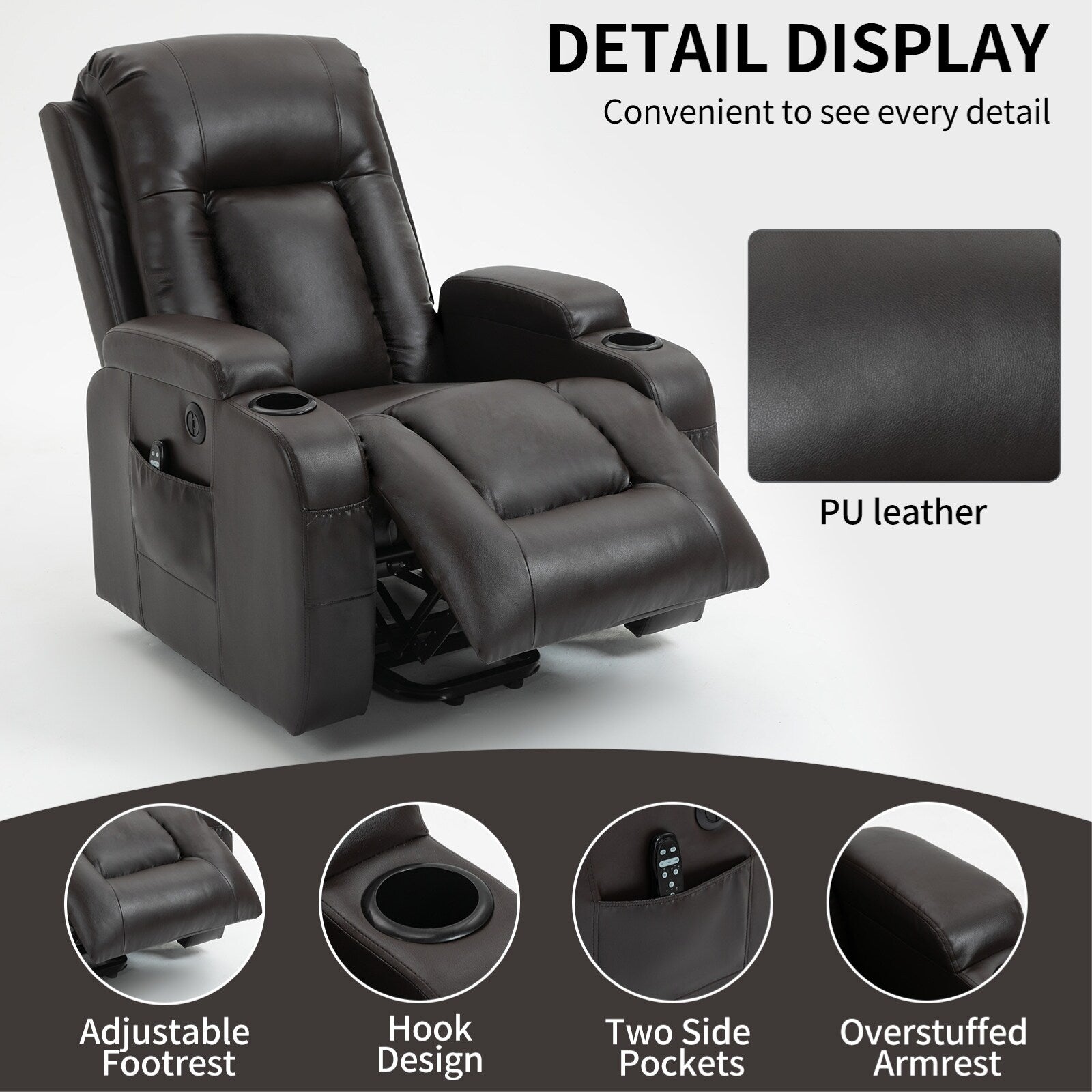 Fauteuil inclinable électrique noir avec massage à 8 points, lombaire chauffant, ports USB, porte-gobelets et mécanisme durable