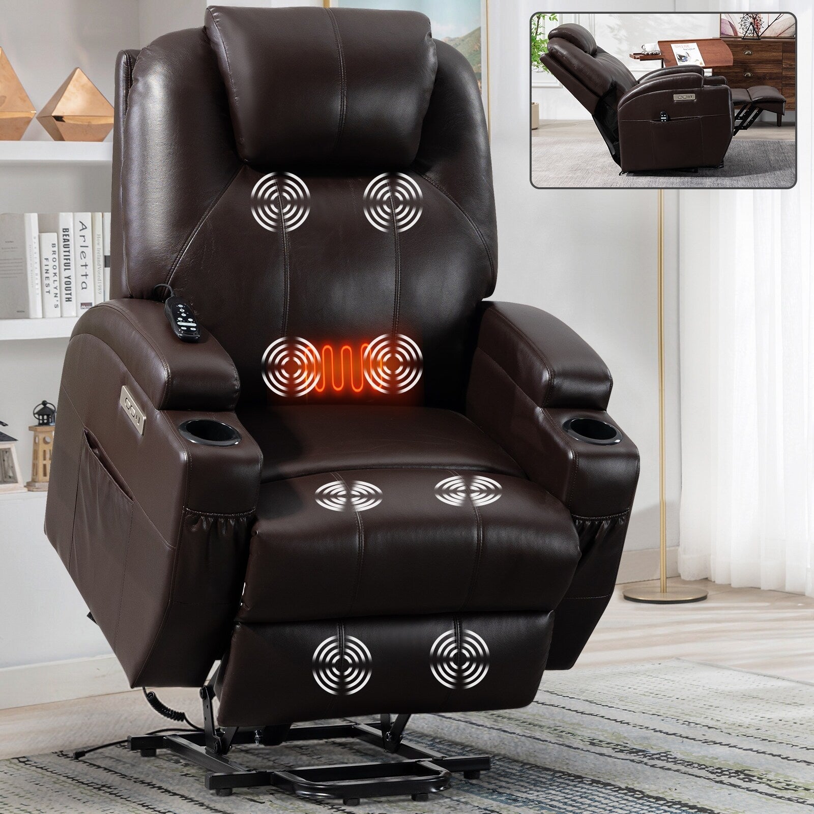 Fauteuil inclinable électrique noir avec massage par vibrations à 8 points, chauffage lombaire, deux ports USB, porte-gobelets et moteur OKIN