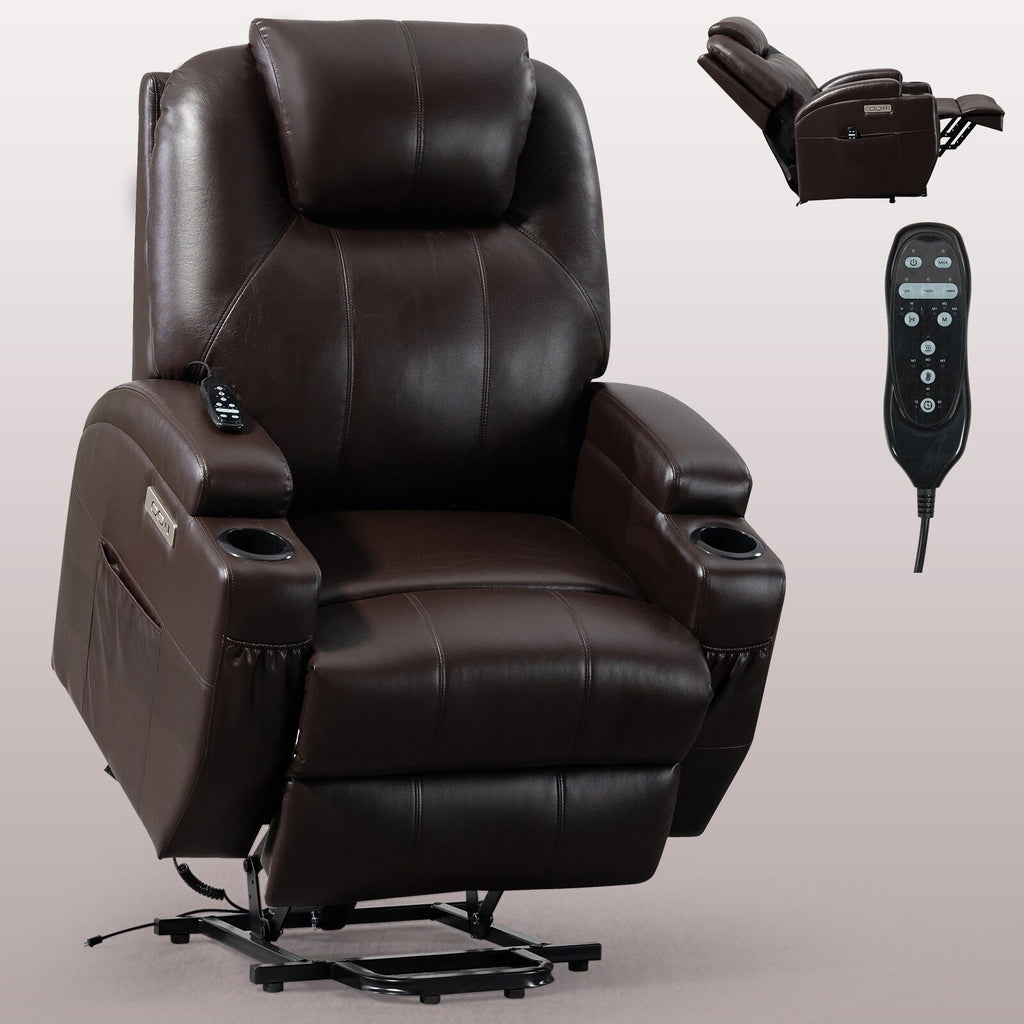 Fauteuil inclinable électrique noir avec massage par vibrations à 8 points, chauffage lombaire, deux ports USB, porte-gobelets et moteur OKIN