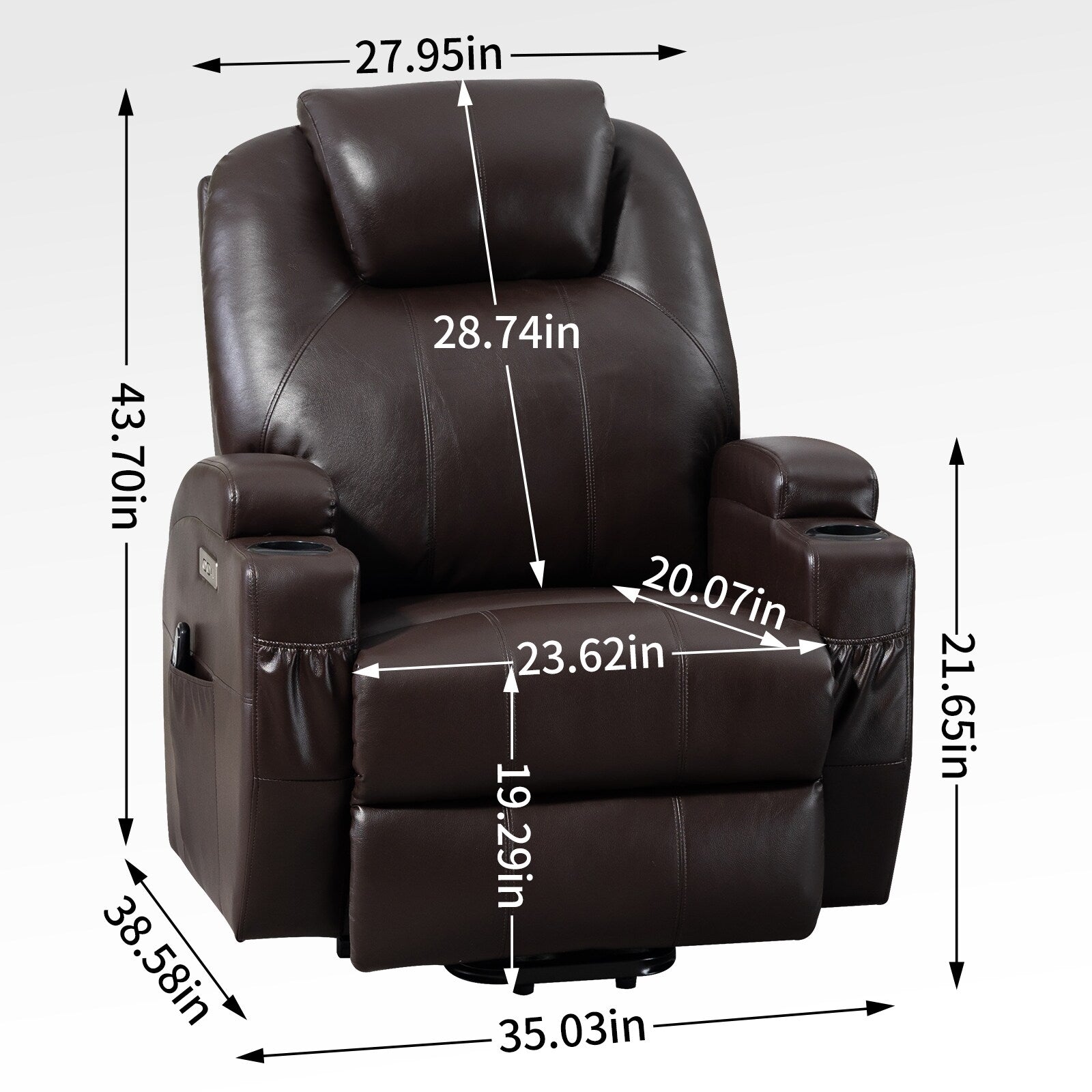 Fauteuil inclinable électrique noir avec massage par vibrations à 8 points, chauffage lombaire, deux ports USB, porte-gobelets et moteur OKIN