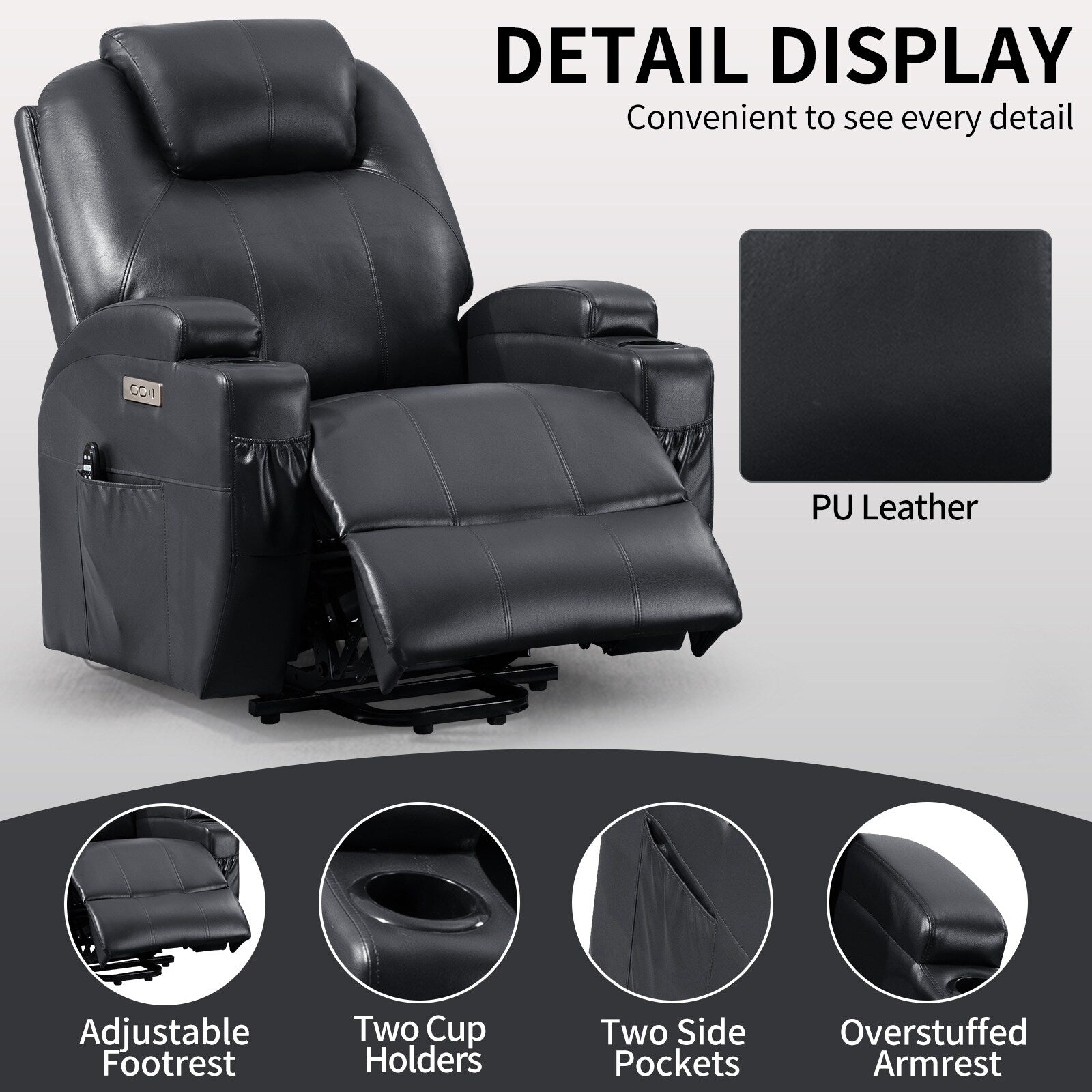 Fauteuil inclinable électrique noir avec deux ports USB, massage 8 points, chauffage lombaire, porte-gobelets et moteur Okin silencieux