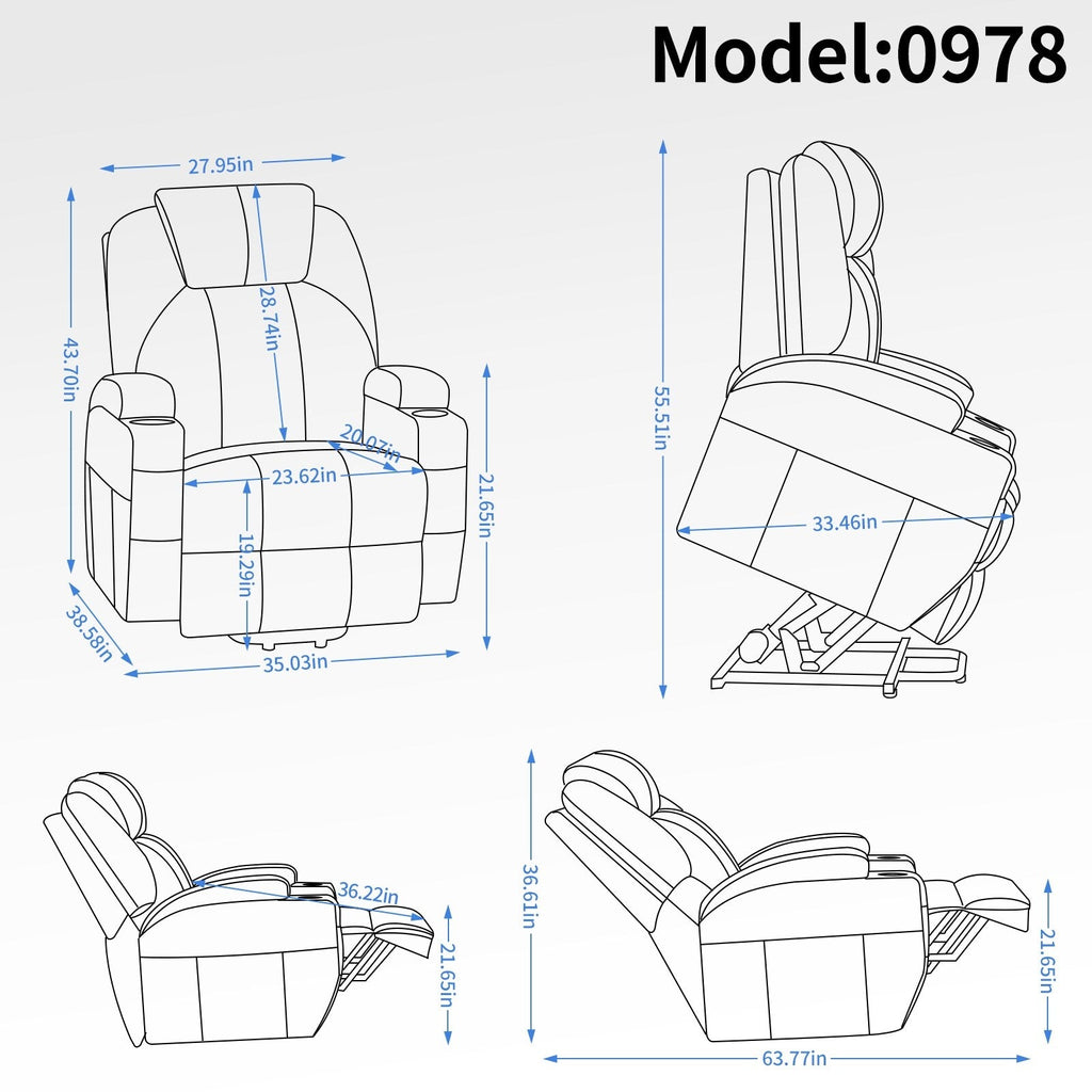 Fauteuil inclinable électrique noir avec deux ports USB, massage 8 points, chauffage lombaire, porte-gobelets et moteur Okin silencieux