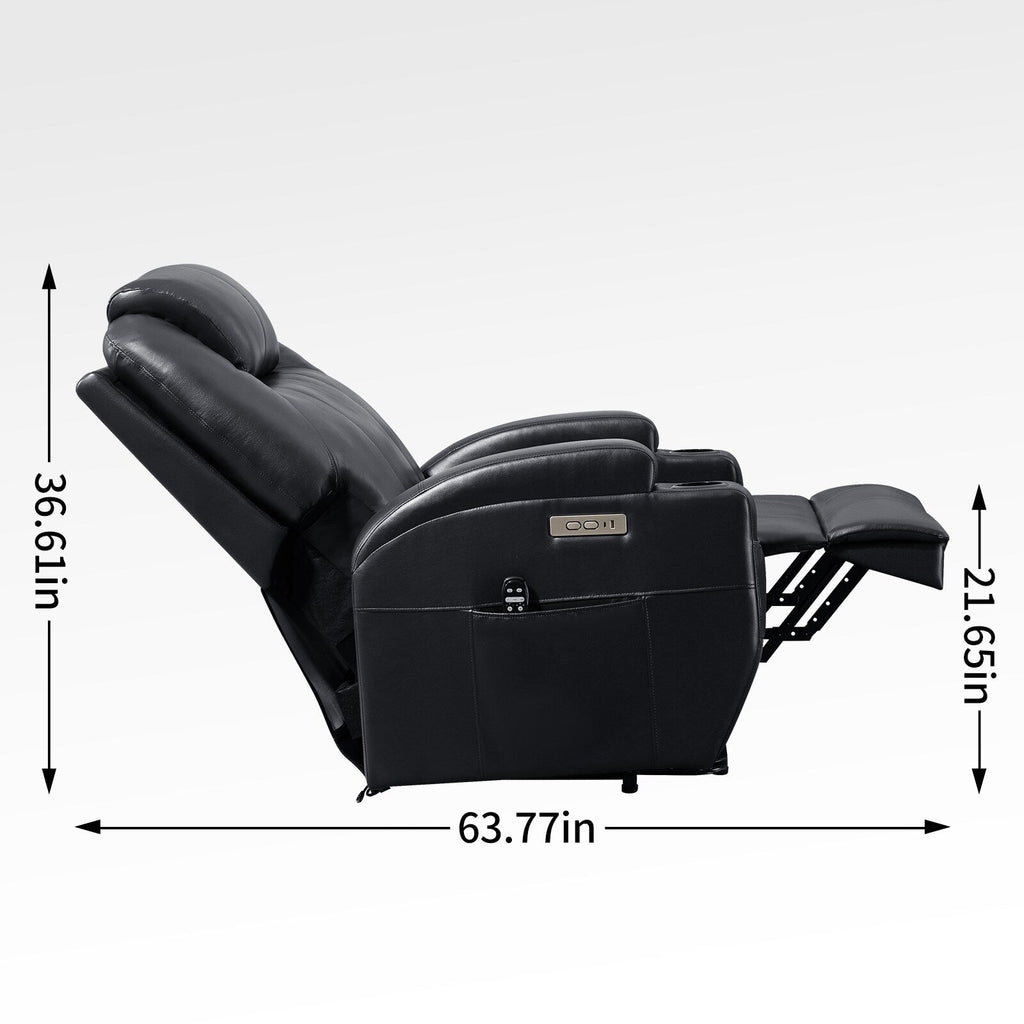 Fauteuil inclinable électrique noir avec deux ports USB, massage 8 points, chauffage lombaire, porte-gobelets et moteur Okin silencieux