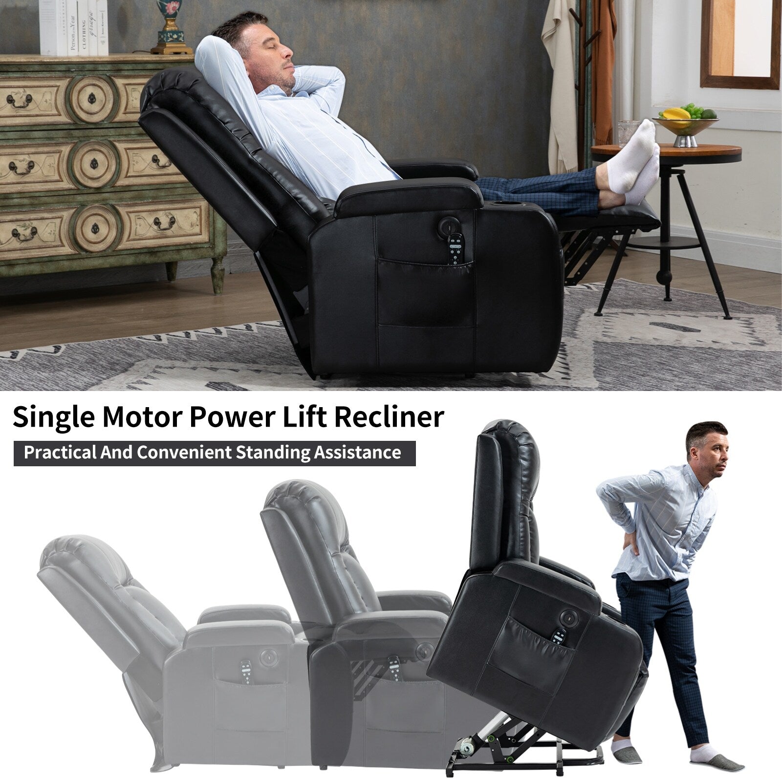 Fauteuil inclinable électrique noir avec massage, chauffage et cadre robuste