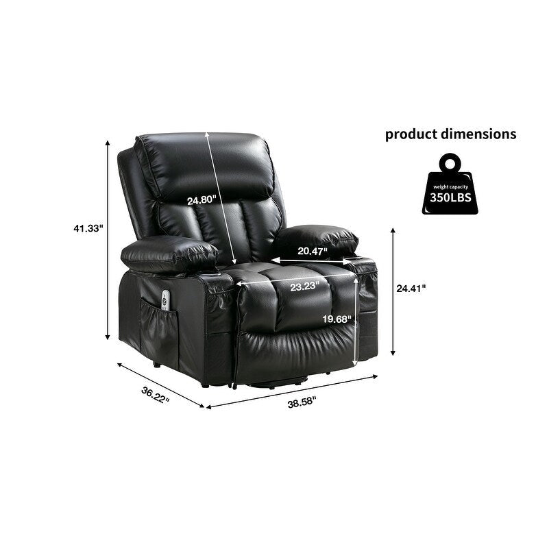 Fauteuil inclinable électrique noir avec massage, chauffage et cuir synthétique