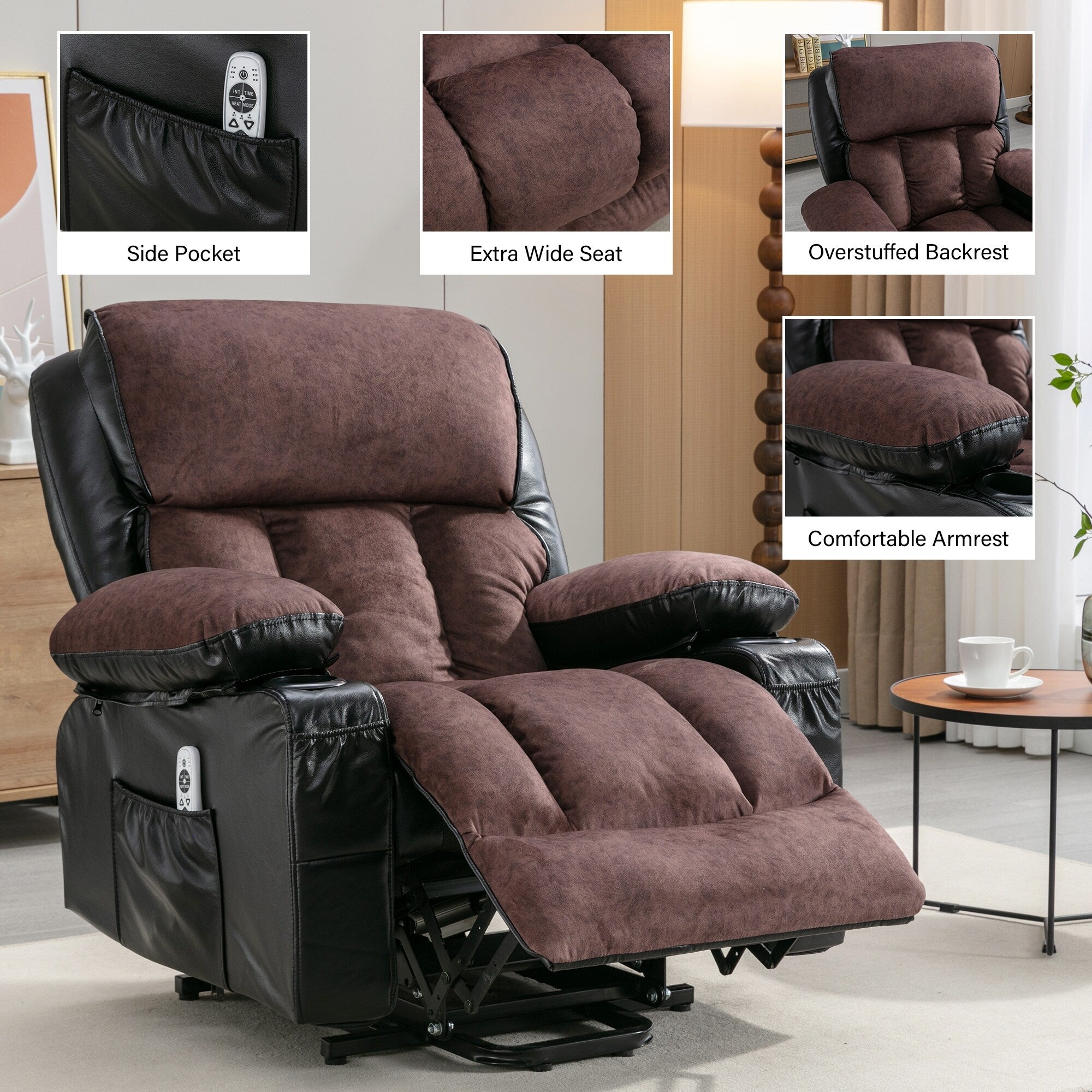 Fauteuil inclinable électrique noir avec massage, chauffage et cuir synthétique