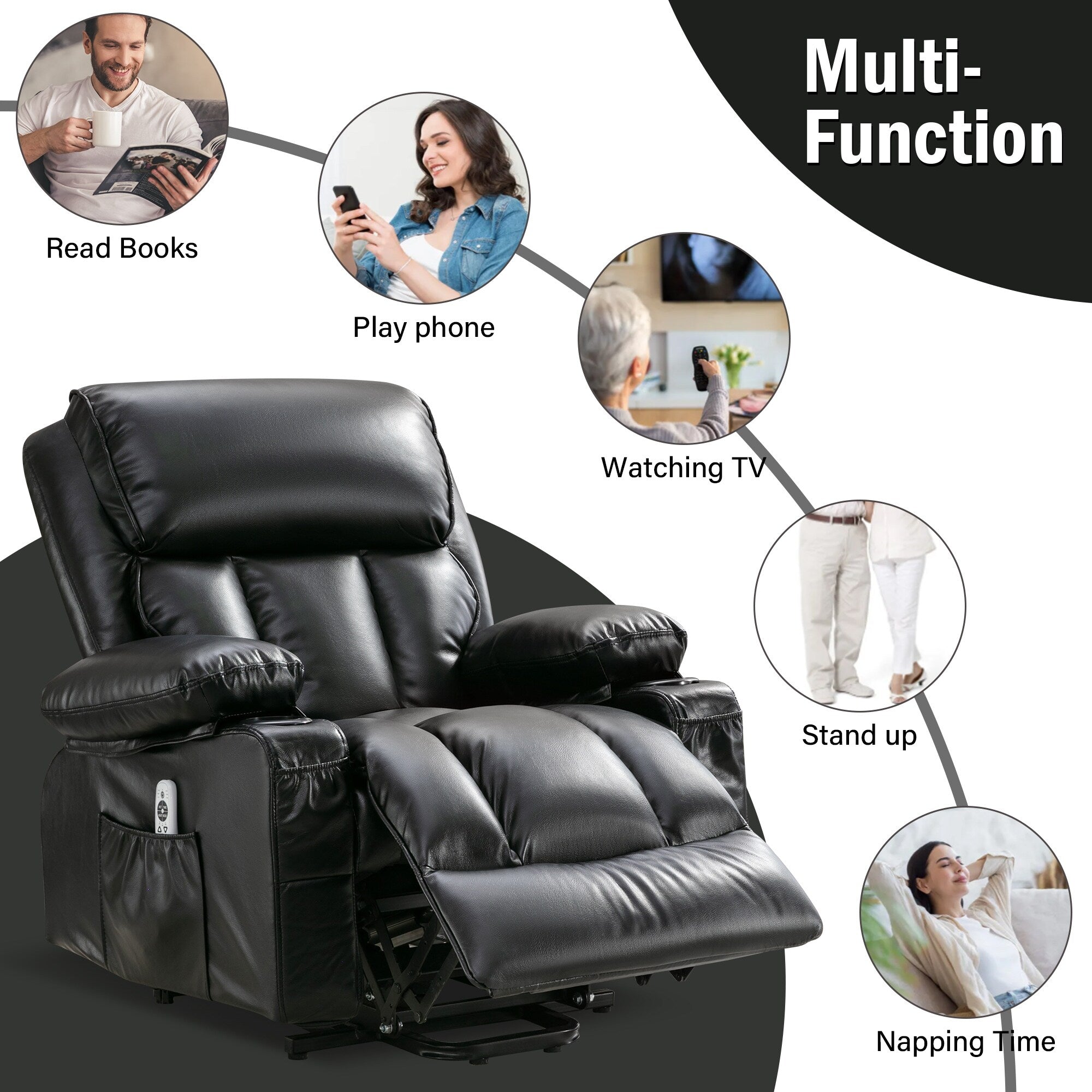 Fauteuil inclinable électrique noir avec massage, chauffage et cuir synthétique
