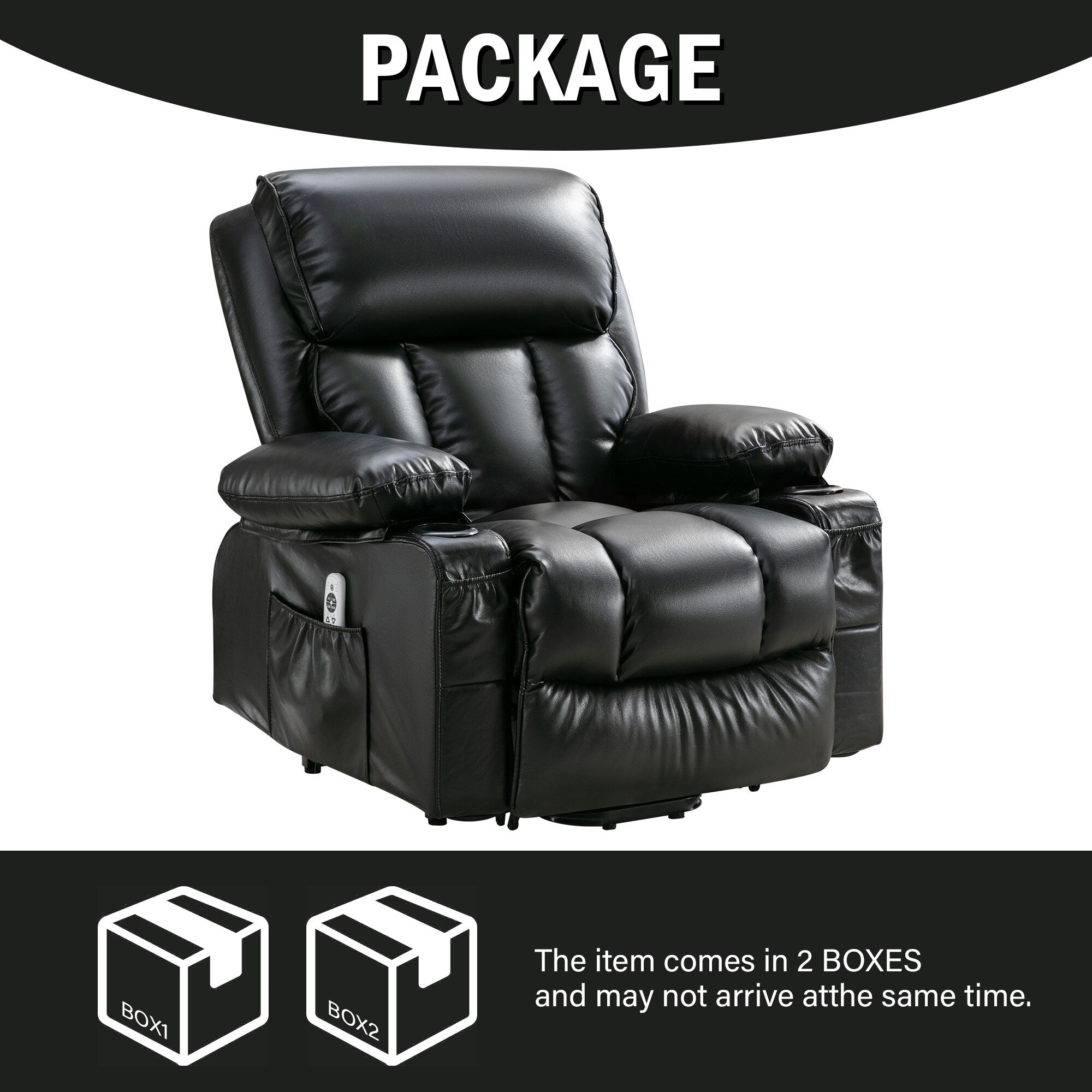 Fauteuil inclinable électrique noir avec massage, chauffage et cuir synthétique