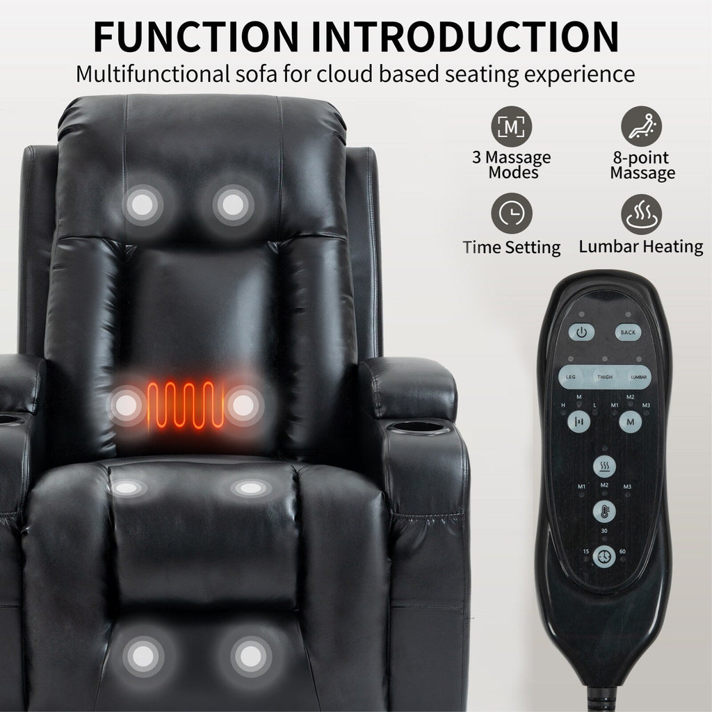 Fauteuil inclinable électrique noir avec massage, chauffage lombaire, port USB et porte-gobelets