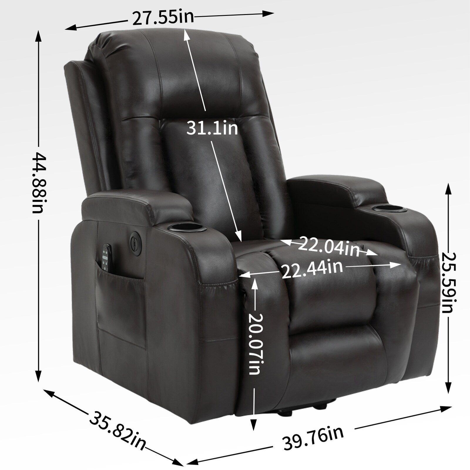 Fauteuil inclinable électrique noir avec massage, chauffage lombaire, port USB et porte-gobelets