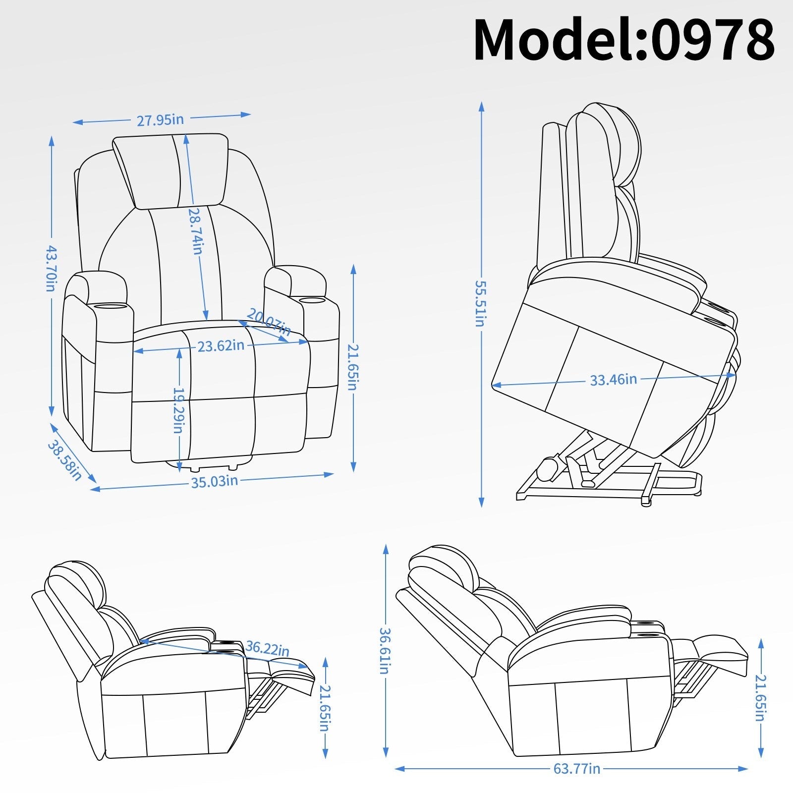 Fauteuil inclinable électrique noir avec moteur Okin, massage par vibrations à 8 points, chauffage lombaire, deux porte-gobelets et ports USB