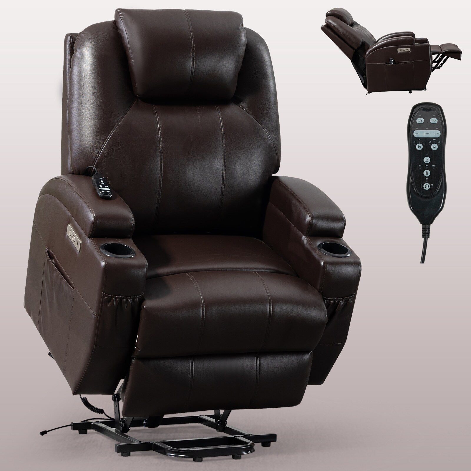 Fauteuil inclinable électrique noir avec moteur Okin, massage par vibrations à 8 points, chauffage lombaire, deux porte-gobelets et ports USB