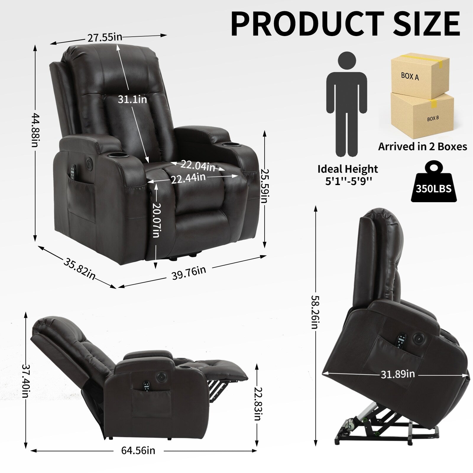Fauteuil inclinable électrique noir avec massage par vibration, chauffage lombaire, port USB et porte-gobelets pour le confort des seniors