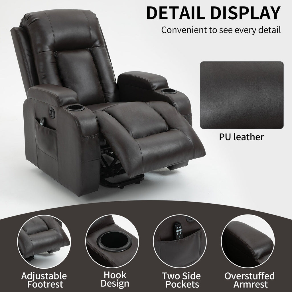 Fauteuil inclinable électrique noir avec massage par vibration, chauffage lombaire, port USB et porte-gobelets pour le confort des seniors