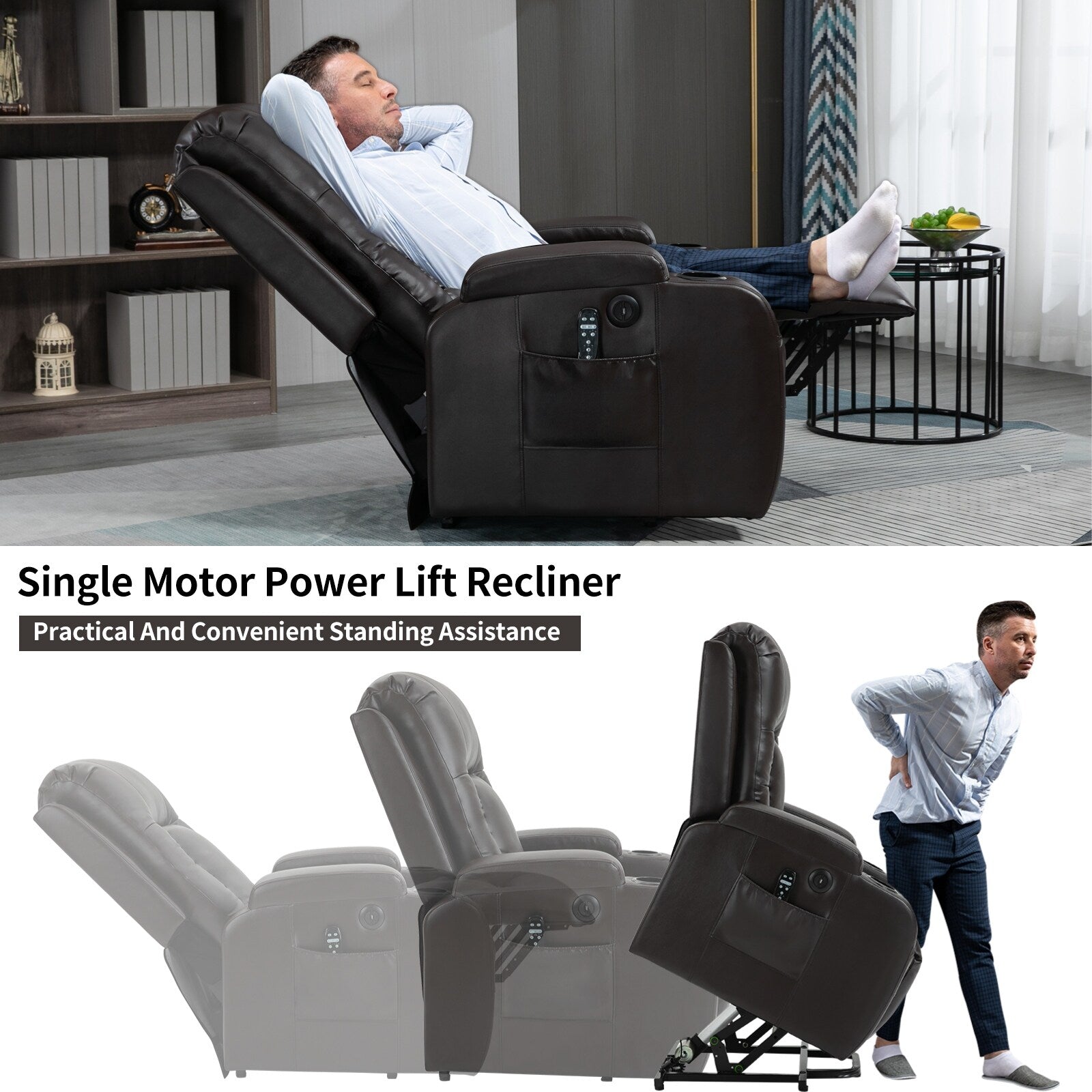 Fauteuil inclinable électrique noir avec massage par vibrations, chauffage lombaire, port USB et porte-gobelets pour personnes âgées