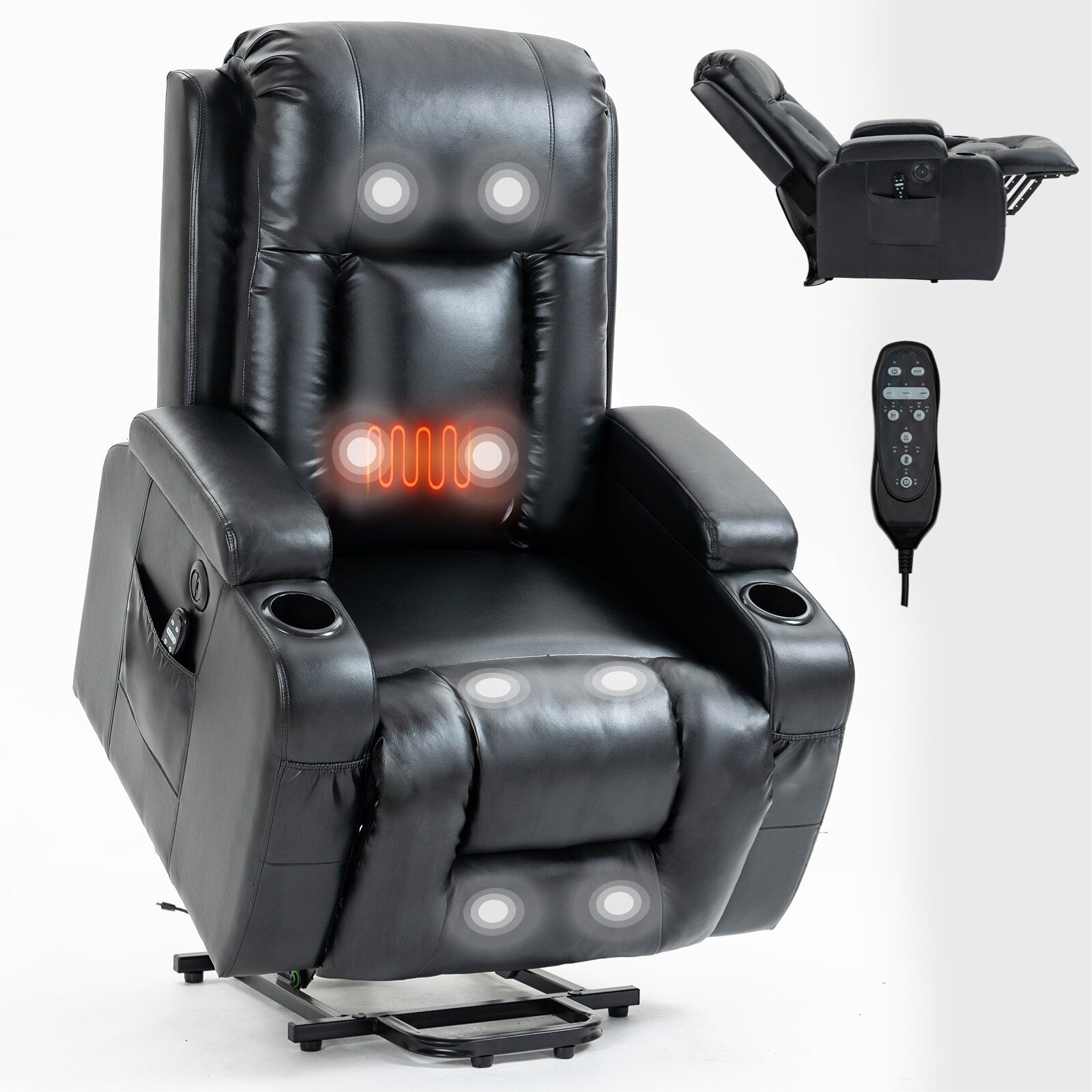 Fauteuil inclinable électrique noir avec massage par vibrations, chauffage lombaire, port USB et porte-gobelets pour personnes âgées