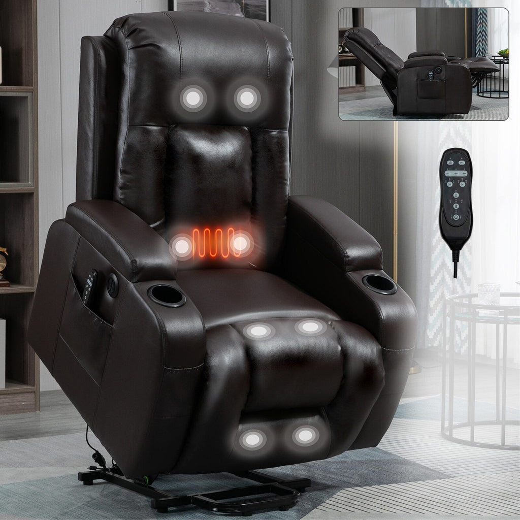 Fauteuil inclinable électrique noir avec massage par vibrations, chauffage lombaire, port USB et porte-gobelets pour personnes âgées