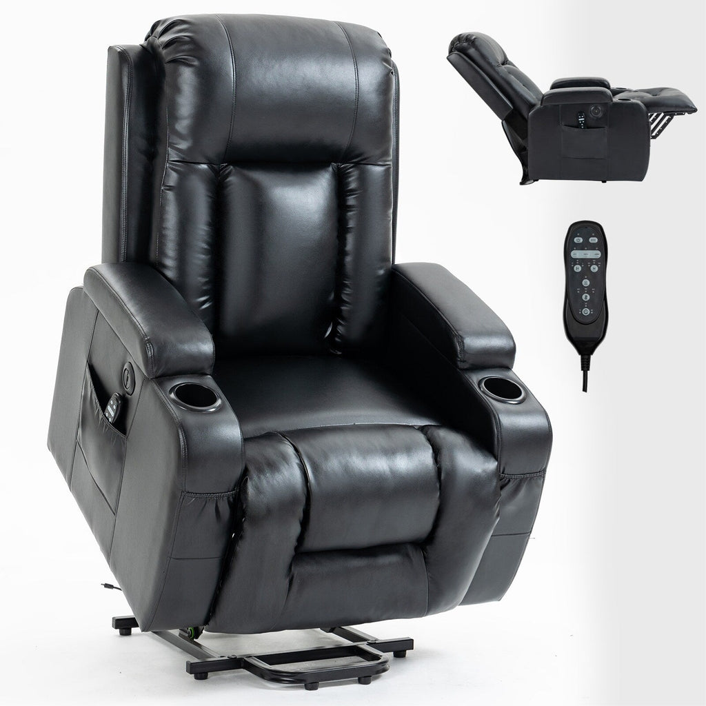 Fauteuil inclinable électrique noir avec massage par vibrations, chauffage lombaire, port USB et porte-gobelets pour personnes âgées
