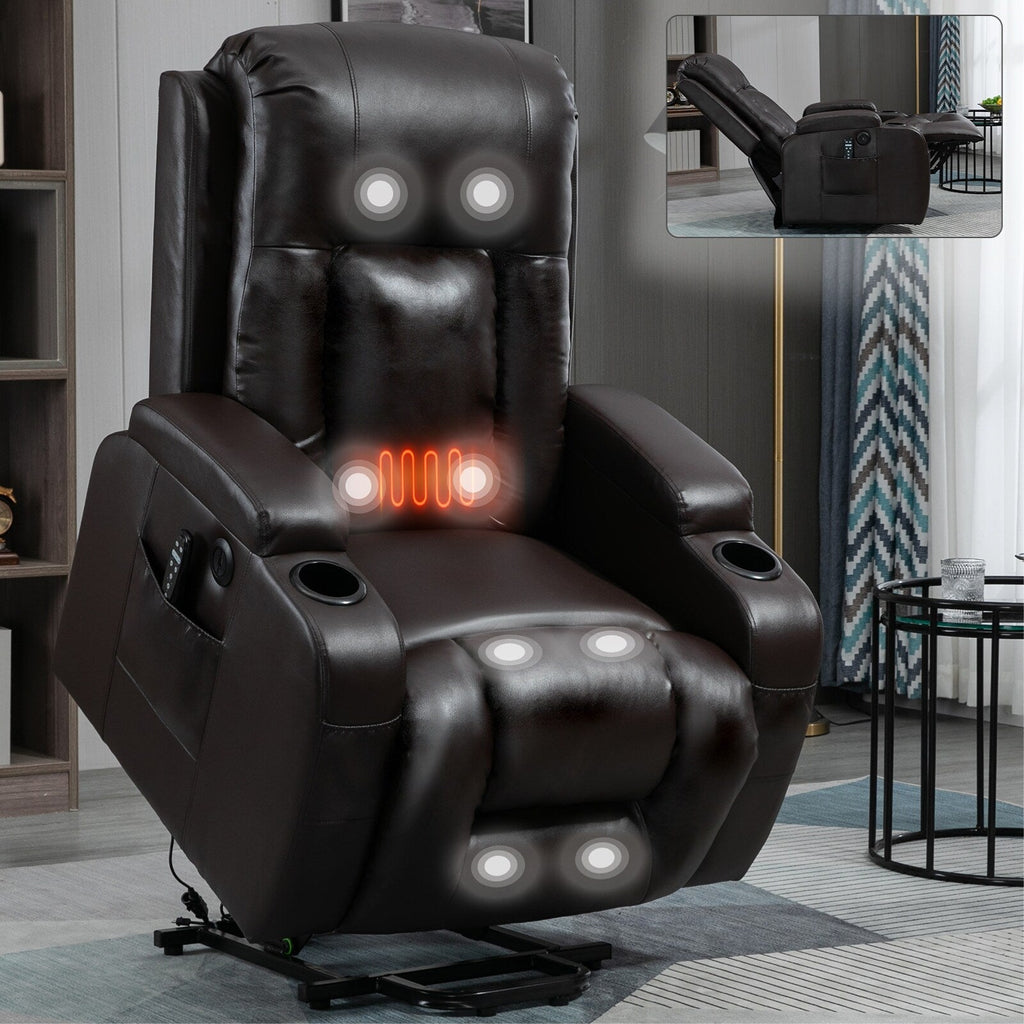 Fauteuil inclinable électrique noir avec massage par vibrations, chauffage lombaire, port USB et porte-gobelets pour personnes âgées