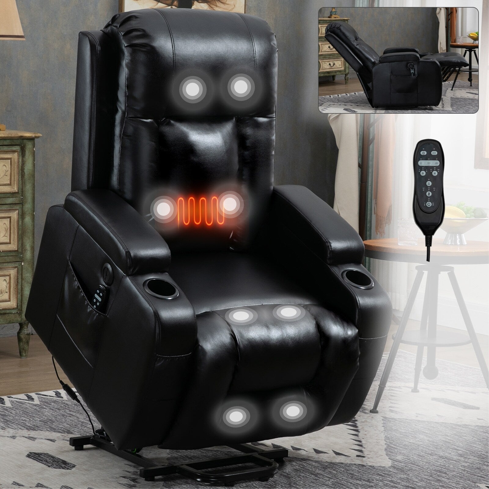 Fauteuil inclinable électrique noir avec massage par vibrations, chauffage lombaire, port USB et porte-gobelets pour personnes âgées