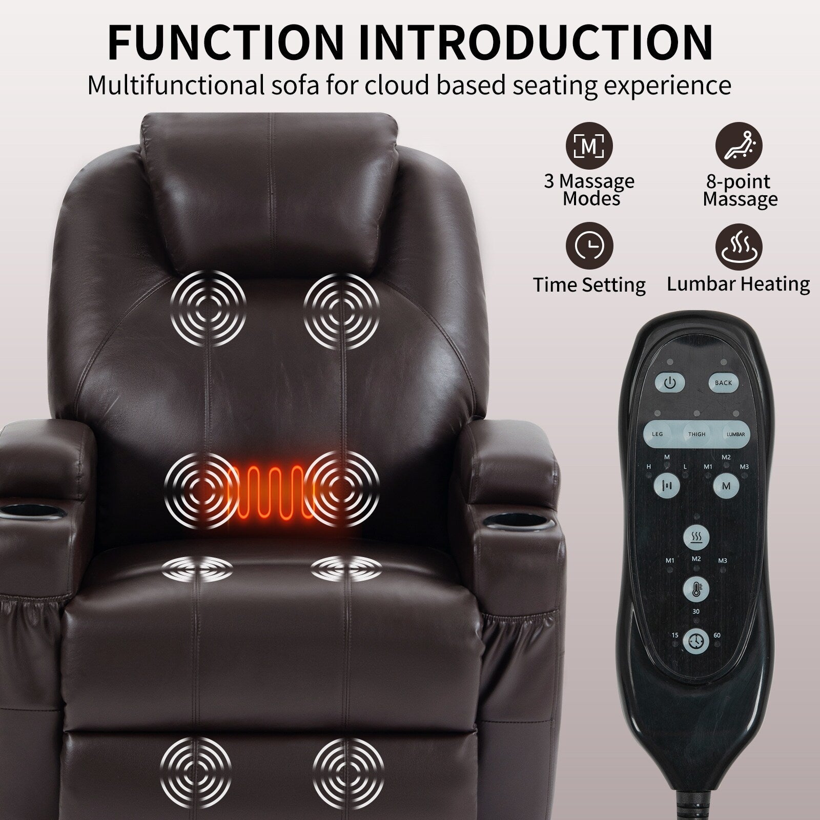 Fauteuil inclinable électrique noir avec massage par vibrations, chauffage lombaire et porte-gobelets