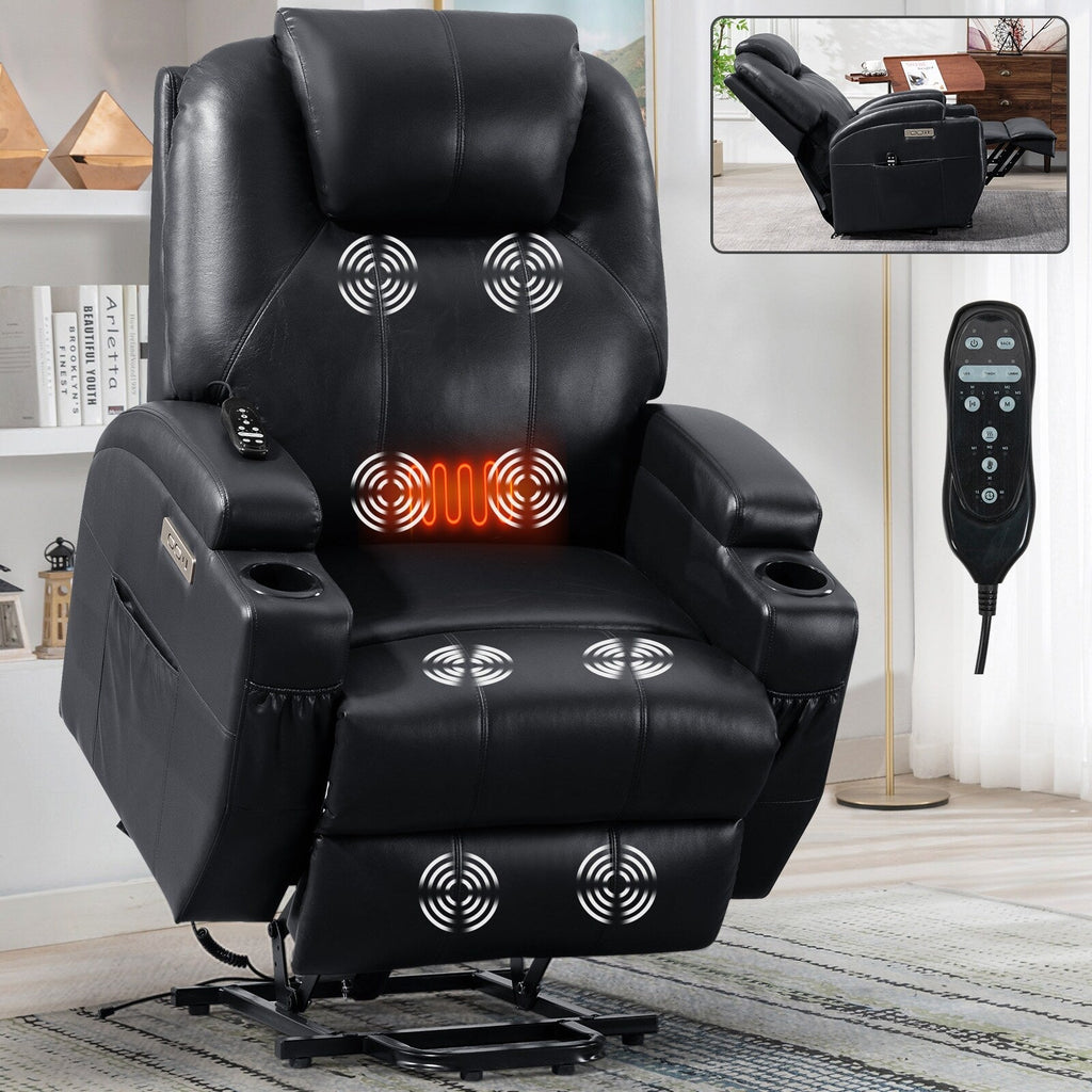 Fauteuil inclinable électrique noir avec massage par vibrations, chauffage lombaire et porte-gobelets