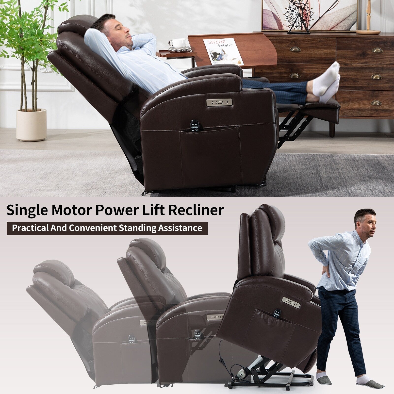 Fauteuil inclinable électrique noir avec massage par vibrations, chauffage lombaire et porte-gobelets