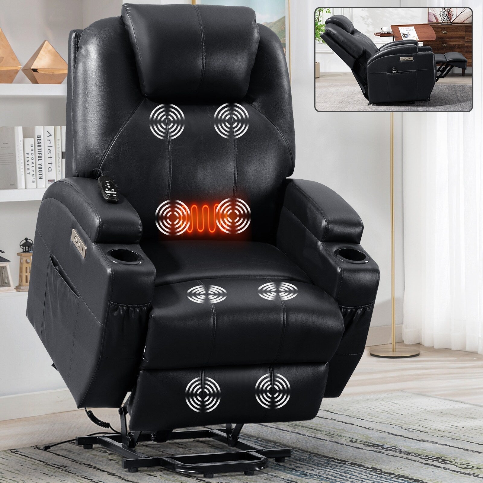 Fauteuil inclinable électrique noir avec massage par vibrations, chauffage lombaire et porte-gobelets