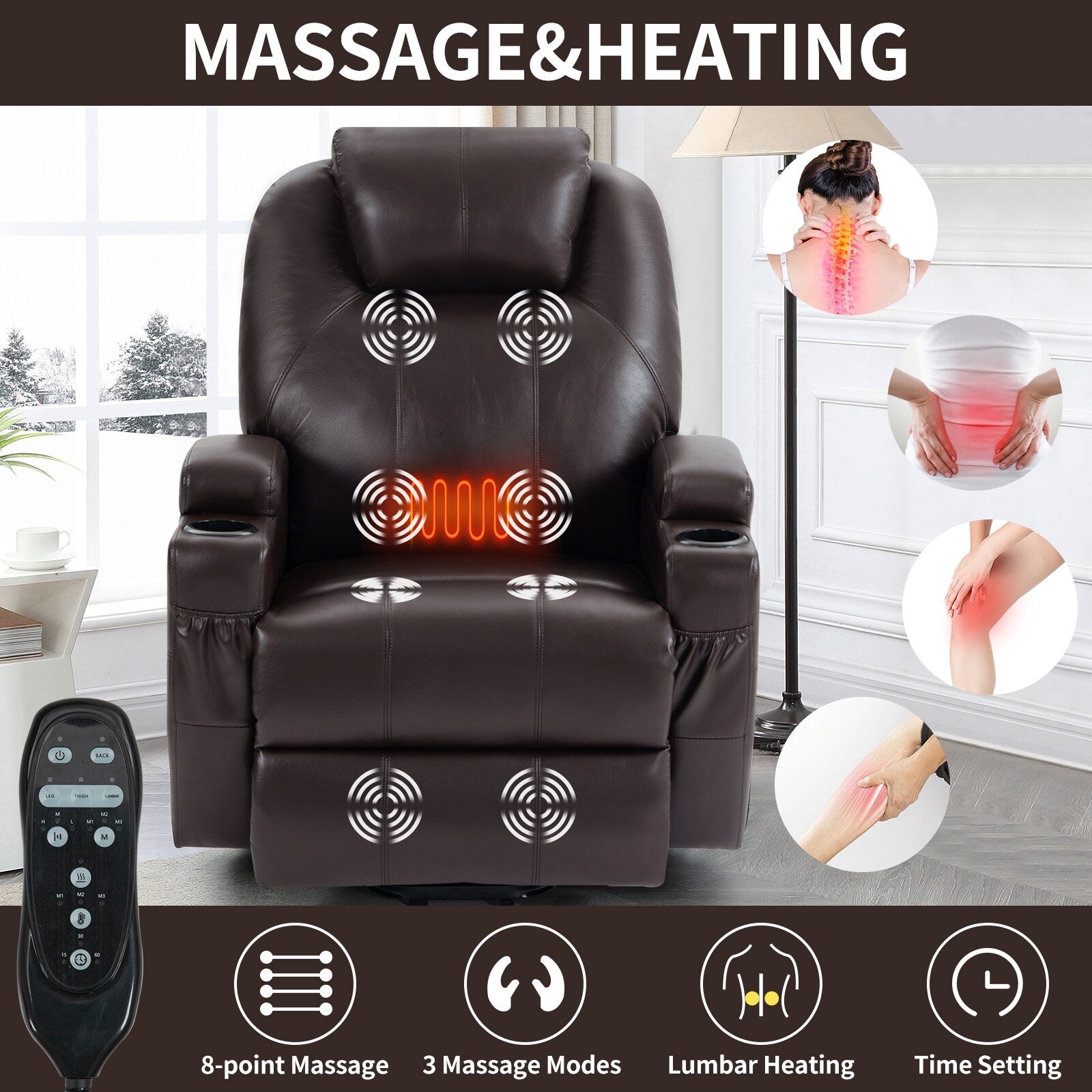 Fauteuil inclinable électrique noir avec massage par vibrations, chauffage lombaire et porte-gobelets
