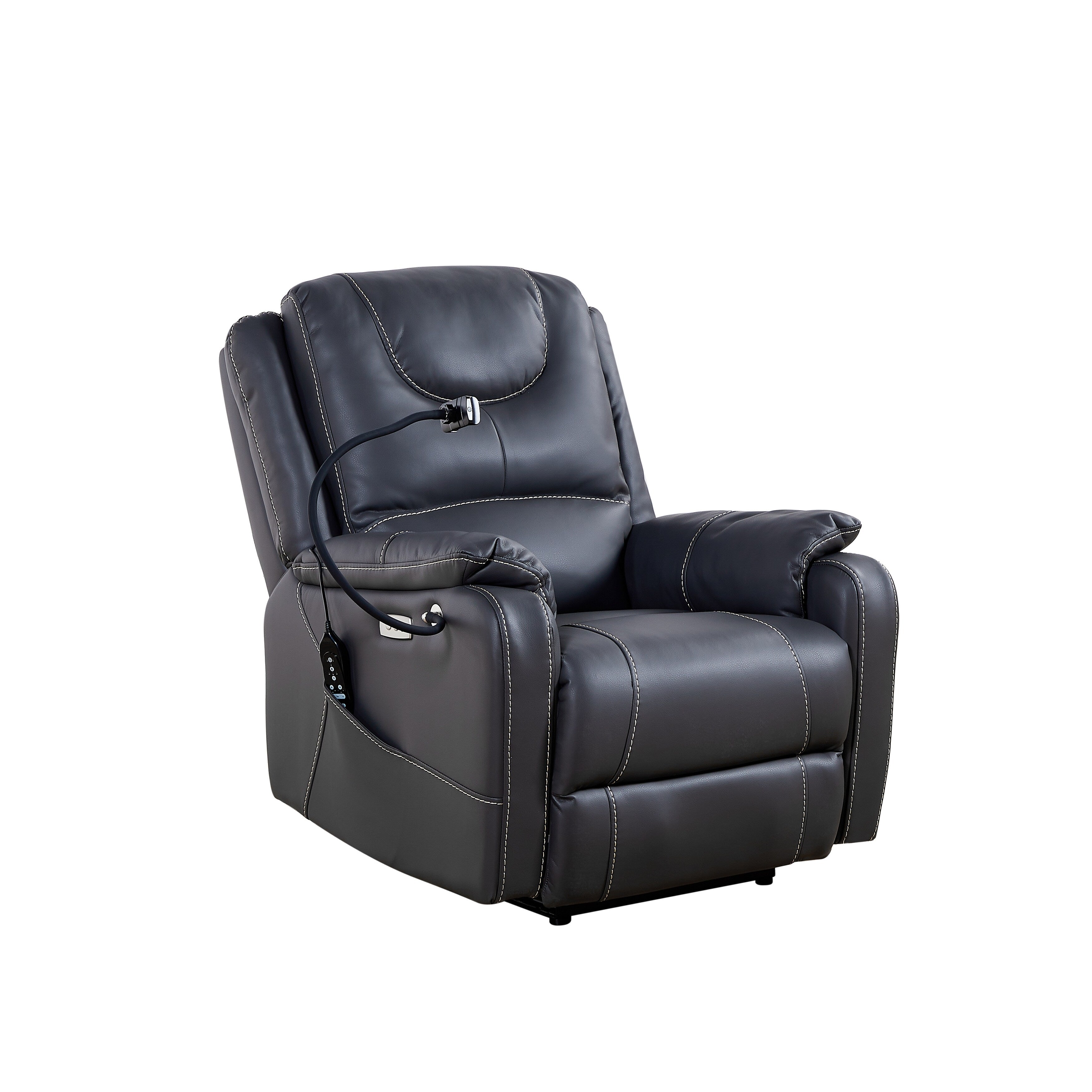 Fauteuil inclinable électrique noir avec inclinaison à 139°, massage, chauffage, moteur OKIN, ports USB, support de téléphone et rangement latéral