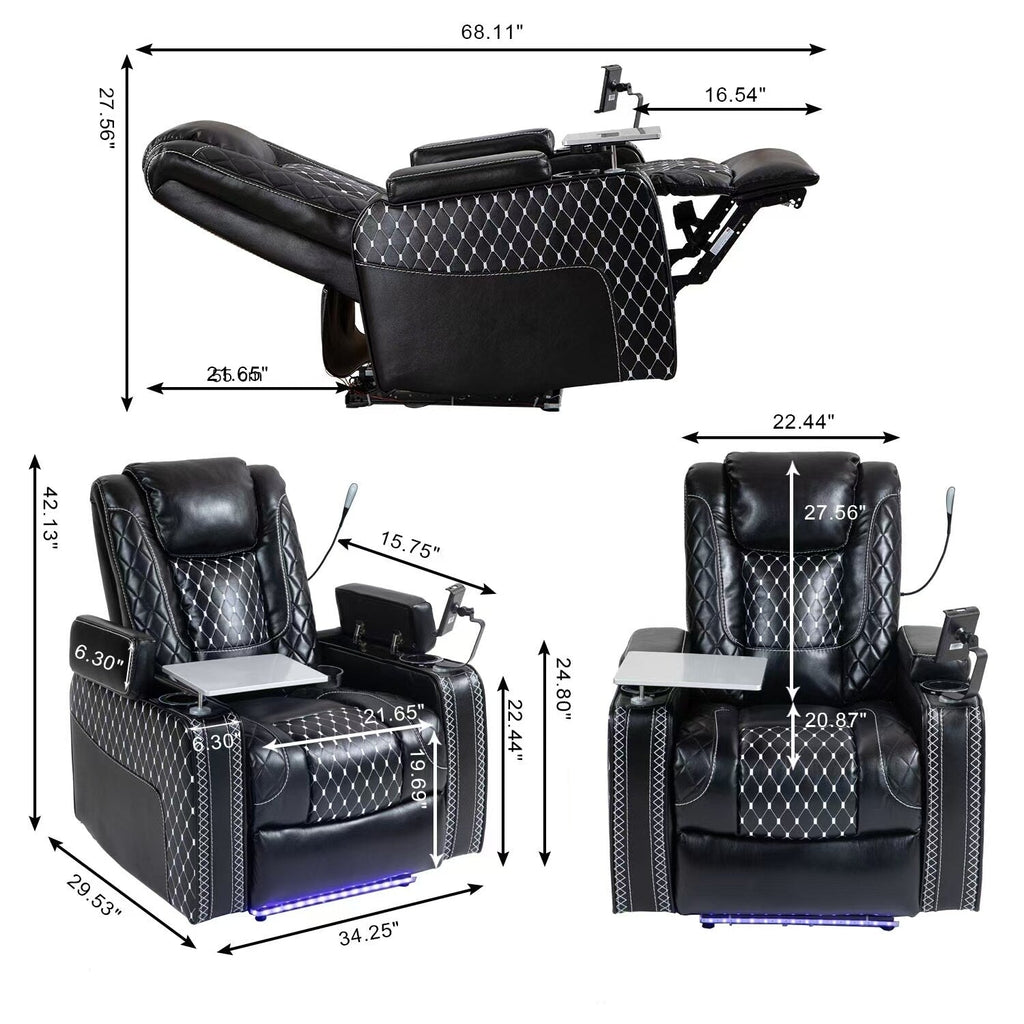 Fauteuil inclinable zéro gravité noir avec accoudoir de rangement, porte-gobelet, table pour ordinateur portable, support pour téléphone, lampe de lecture et port USB