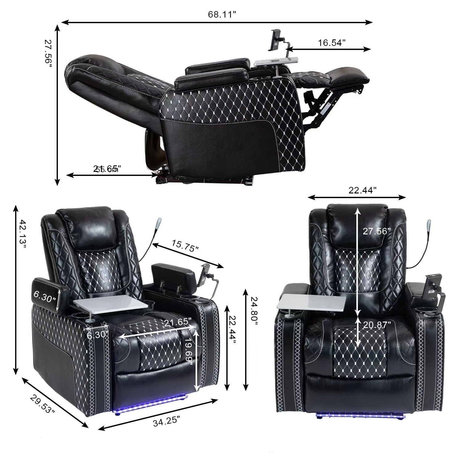 Fauteuil inclinable zéro gravité noir avec accoudoir de rangement, porte-gobelet, table pour ordinateur portable, support pour téléphone, lampe de lecture et port USB