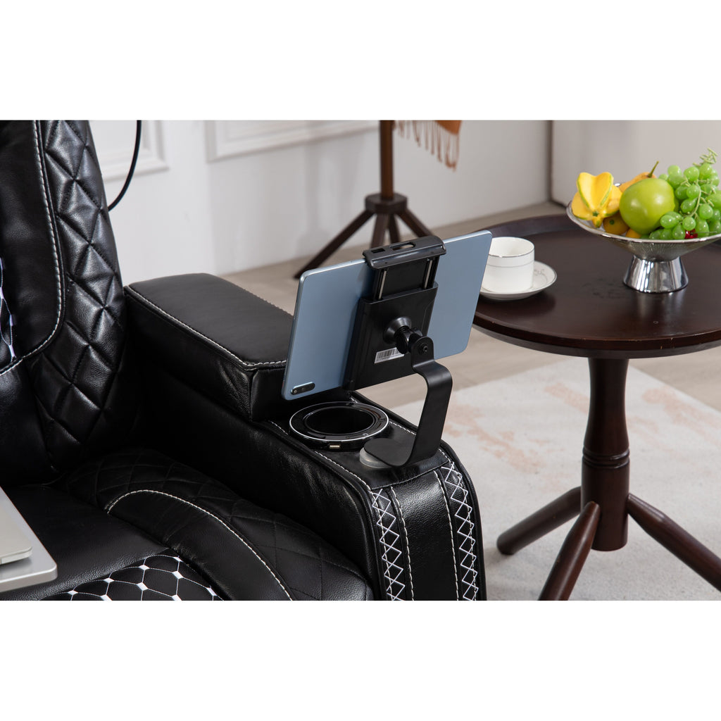 Fauteuil inclinable zéro gravité noir avec accoudoir de rangement, porte-gobelet, table pour ordinateur portable, support pour téléphone, lampe de lecture et port USB