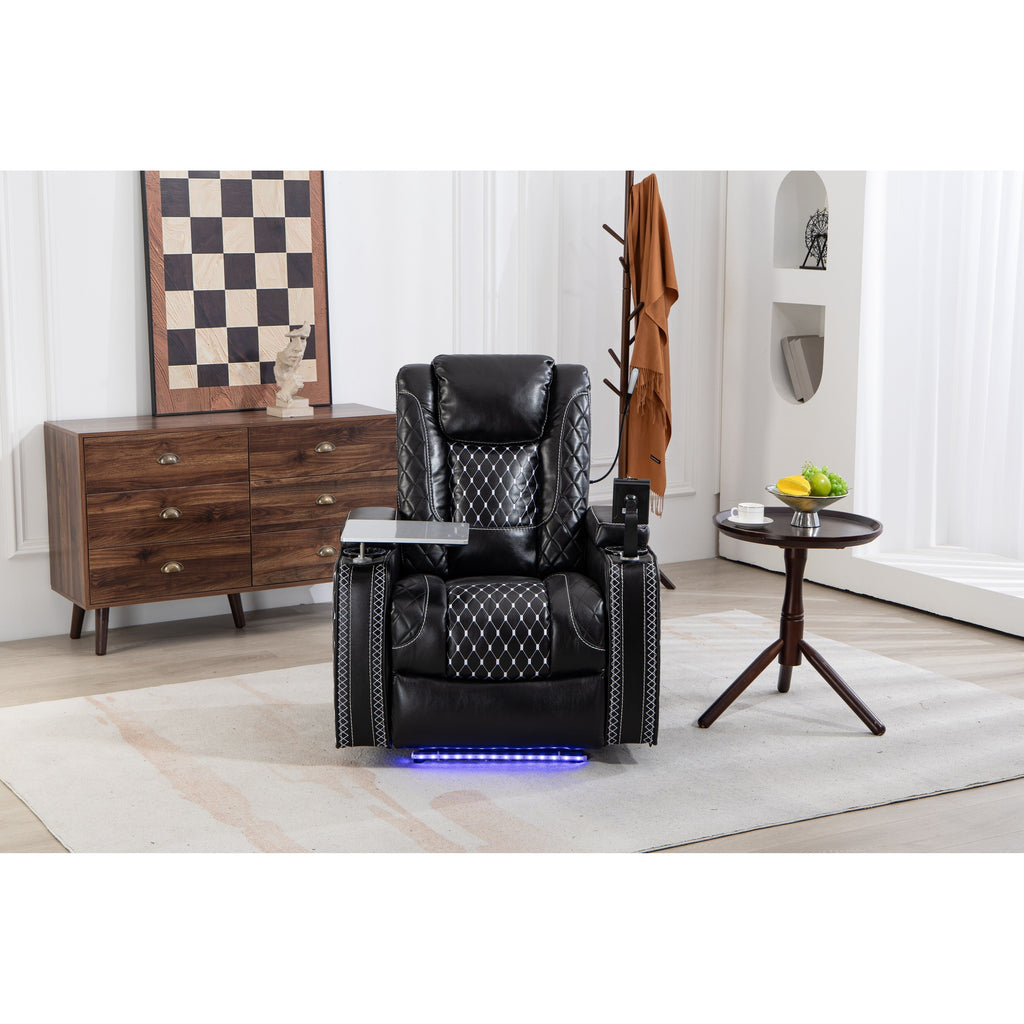 Fauteuil inclinable zéro gravité noir avec accoudoir de rangement, porte-gobelet, table pour ordinateur portable, support pour téléphone, lampe de lecture et port USB