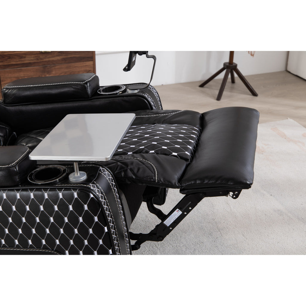 Fauteuil inclinable zéro gravité noir avec accoudoir de rangement, porte-gobelet, table pour ordinateur portable, support pour téléphone, lampe de lecture et port USB