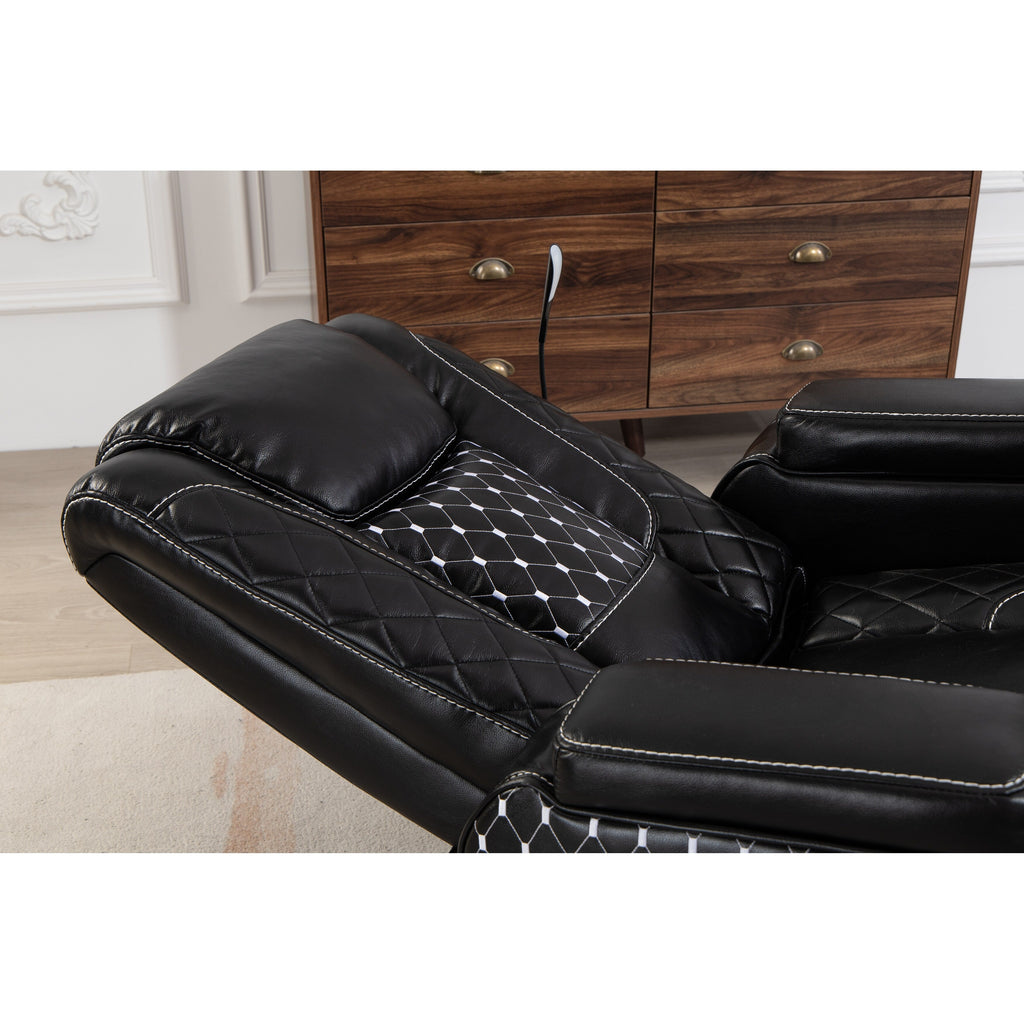 Fauteuil inclinable zéro gravité noir avec accoudoir de rangement, porte-gobelet, table pour ordinateur portable, support pour téléphone, lampe de lecture et port USB