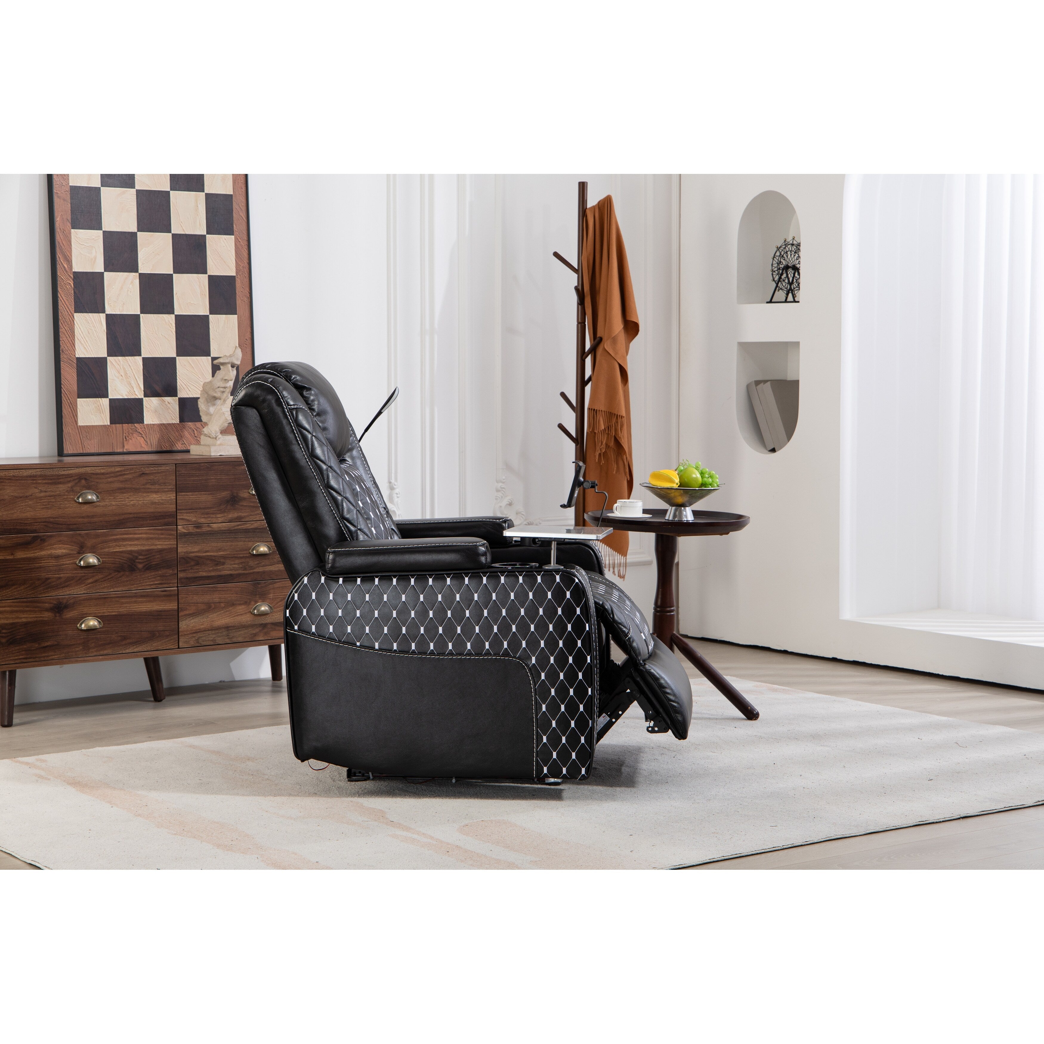 Fauteuil inclinable zéro gravité noir avec accoudoir de rangement, porte-gobelet, table pour ordinateur portable, support pour téléphone, lampe de lecture et port USB