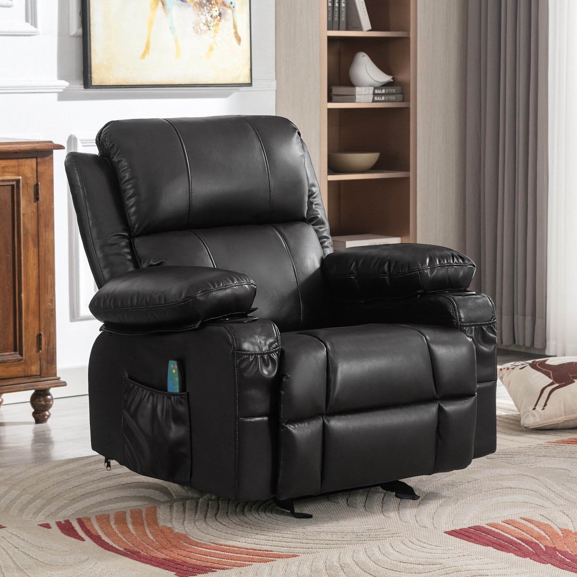 Fauteuil inclinable à bascule noir avec chargement USB, massage, chauffage et porte-gobelets pour un confort ultime