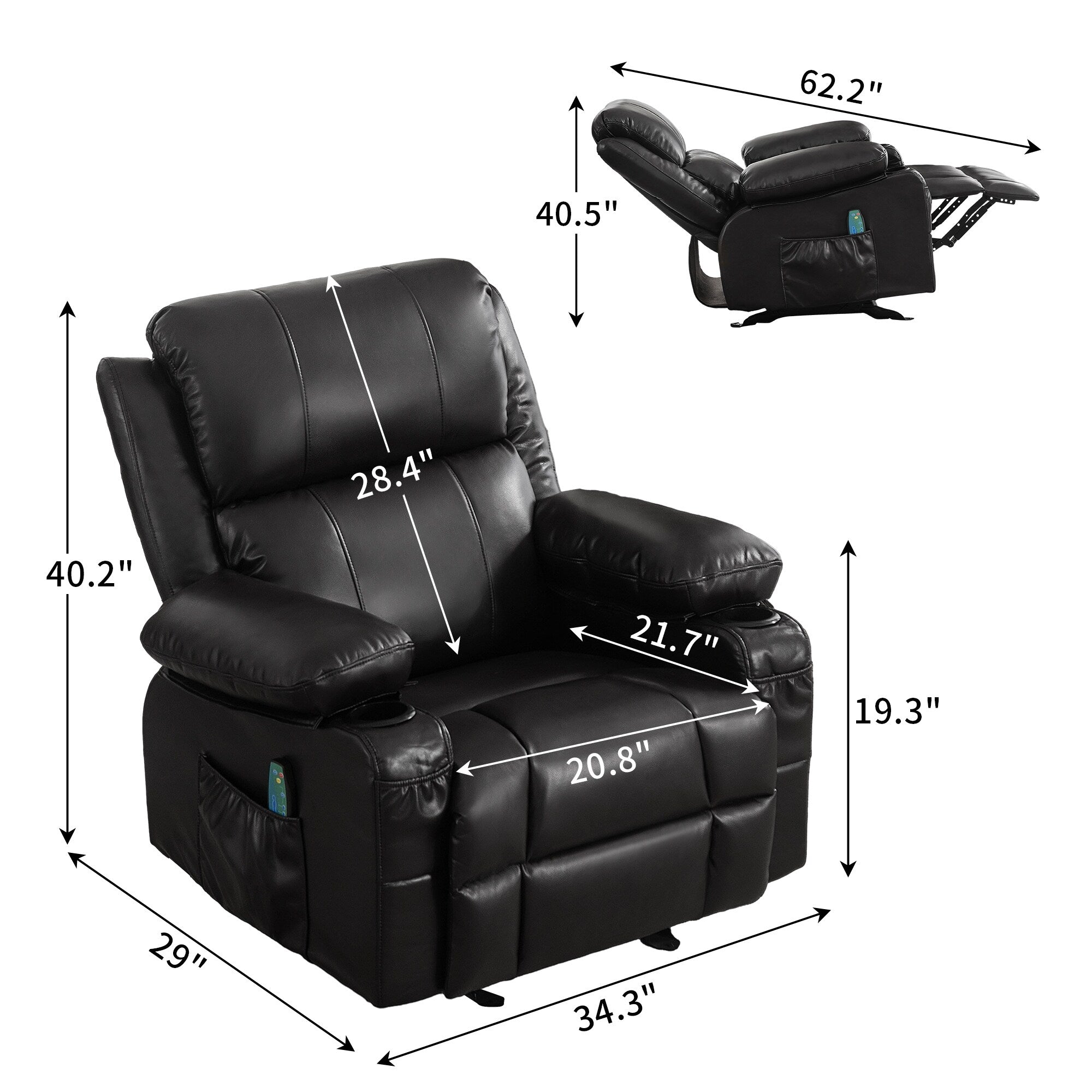 Fauteuil inclinable à bascule noir avec chargement USB, massage, chauffage et porte-gobelets pour un confort ultime