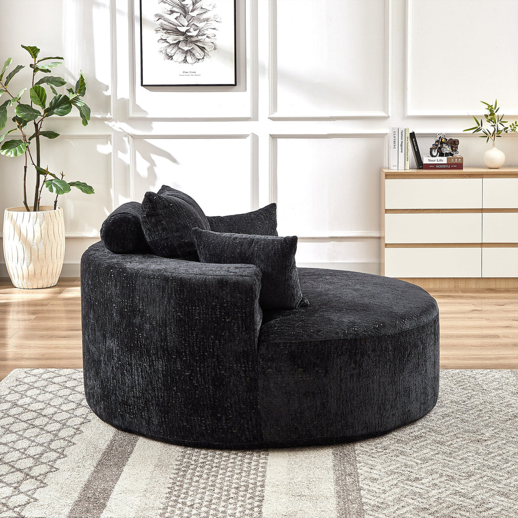 Canapé-lit simple rond en chenille noire avec coussin de dossier