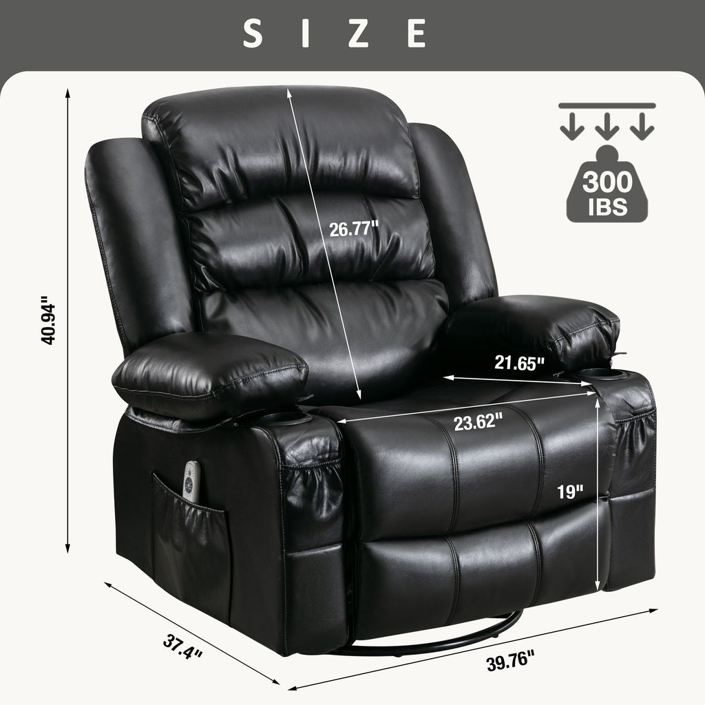 Fauteuil inclinable pivotant noir avec chauffage et rotation à 360°